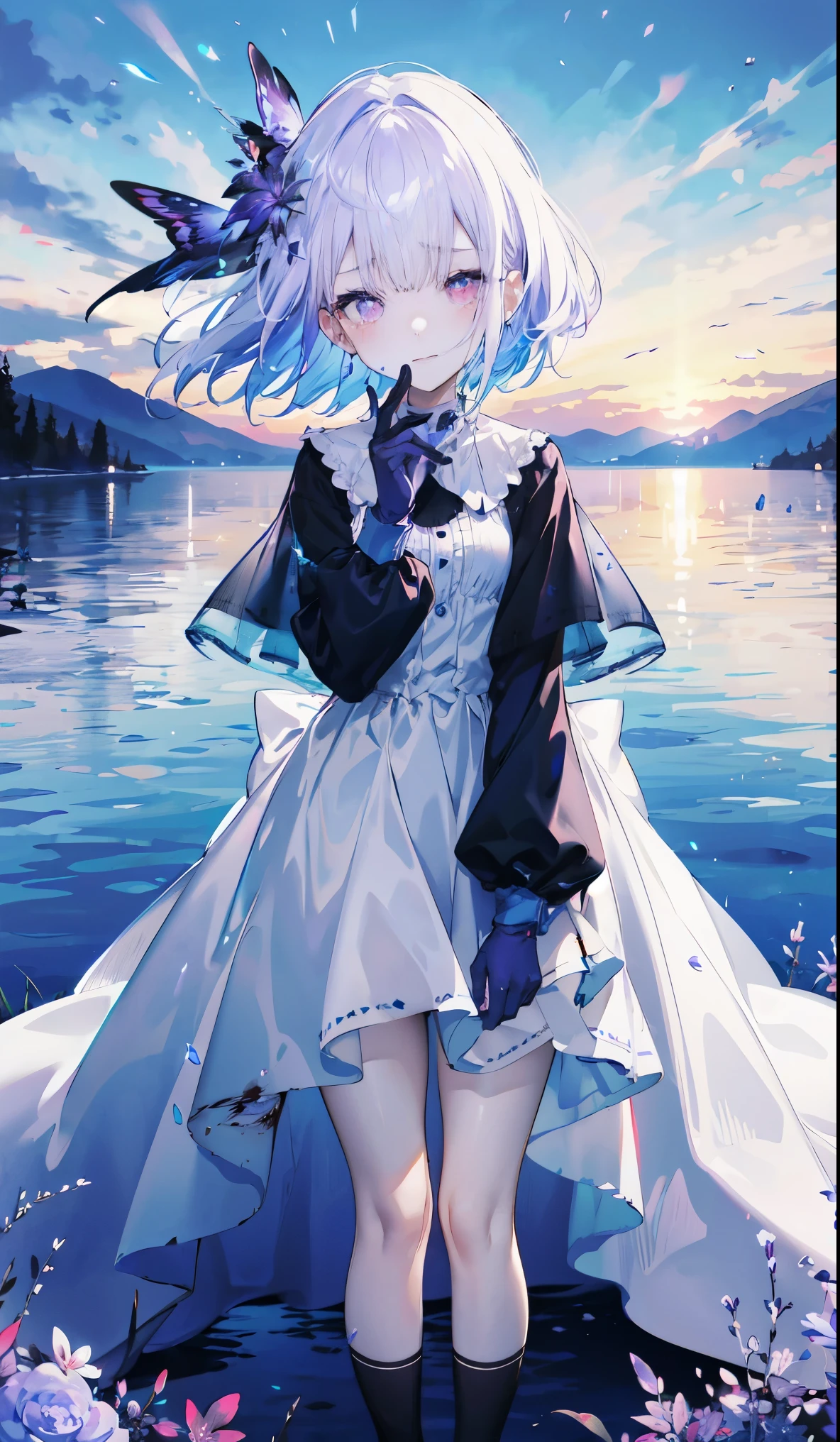 ((masterpiece:1.4,best quality)),(Super detailed),(Extremely detailed eyes),(Black leggings,Shiny socks:1.5),Hello Darkness
(Cute girls),28 years old,(Blood-red pupils,Diamond-shaped pupil:1.15),Purple Eyeshadow,(Elongated hair,Thick hair,shiny hair:1.5)(Variza:1.2),Fair skin,despair,Grief,Empty eyes,Tears streaming down my face,tilt head to one side,Kneel down
(She wears blue armor,A blue dress,:1.5),(blue gloves:1.4)Very long plush sleeves,White,White Cloud,Dream bubbles ,Ice and glitter effects
(Black long skirt:1.1),
(dawn:1.2),
(Intense black and white:1.16),(Depth of Field:1.4),,Intricate details,(Sky Castle,Standing on the lake,Purple flowers by the lake)