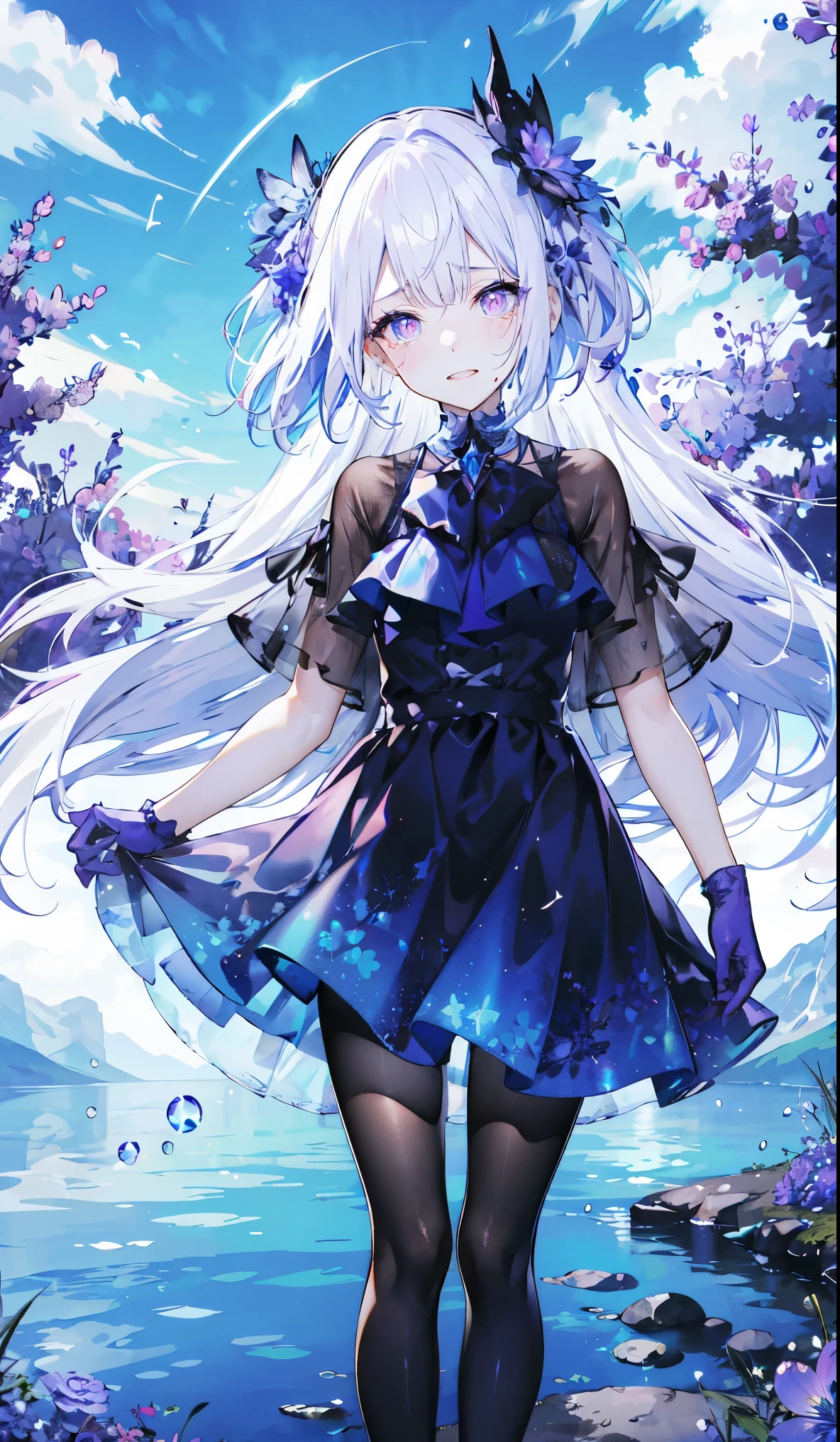 ((masterpiece:1.4,best quality)),(Super detailed),(Extremely detailed eyes),(Black leggings,Shiny socks:1.5),Hello Darkness
(Cute girls),28 years old,(Blood-red pupils,Diamond-shaped pupil:1.15),Purple Eyeshadow,(Elongated hair,Thick hair,shiny hair:1.5)(Variza:1.2),Fair skin,despair,Grief,Empty eyes,Tears streaming down my face,tilt head to one side,Kneel down
(She wears blue armor,A blue dress,:1.5),(blue gloves:1.4)Very long plush sleeves,White,White Cloud,Dream bubbles ,Ice and glitter effects
(Black long skirt:1.1),
(dawn:1.2),
(Intense black and white:1.16),(Depth of Field:1.4),,Intricate details,(Sky Castle,Standing on the lake,Purple flowers by the lake)