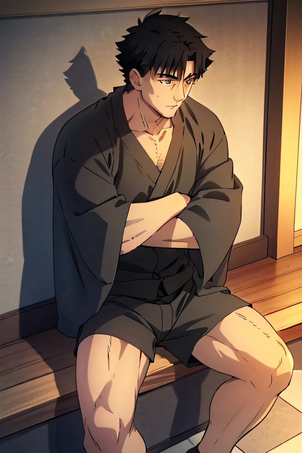 Kiritsugu is sitting and flexing his calves. He is shirtless but wears black boxershorts. You can see his thighs. He looks stoic and serious.