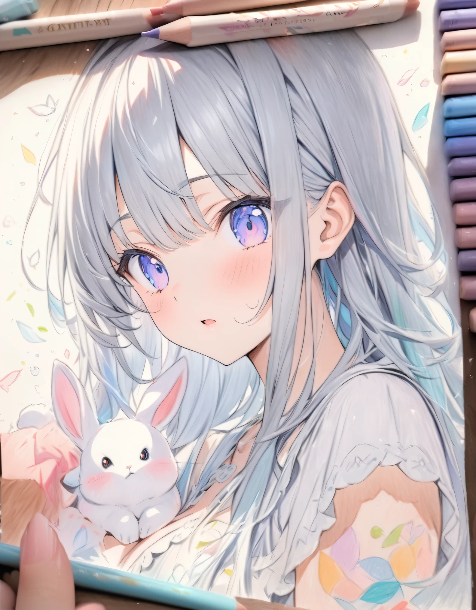 ((style:colored pencil,Pale colors)),(masterpiece:1.2),(anime),Fantasy、Rabbit、girl、Two shots