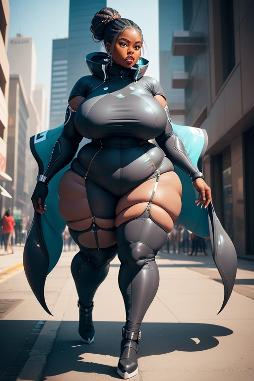 A beautiful pudgy big black woman in futuristic clothing