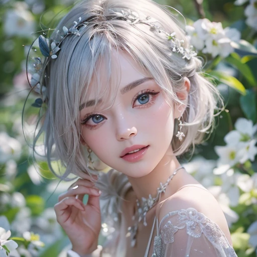 (masterpiece:1.3), (8k, Realistic, RAW Photos, Best image quality: 1.4), Fair-skinned fairy woman、short hair、Cleavage:2.0、Highly detailed face、Attention to detail、double eyelid、Sharp focus:1.2、Beautiful woman:1.4、Silvery white hair、highest quality、masterpiece、Ultra-high resolution、(Realistic:1.4)、Highly detailed and professionally lit smiles、Loose, Light,Japanese high 、 one person、whole body,　I eat breakfast:1.6