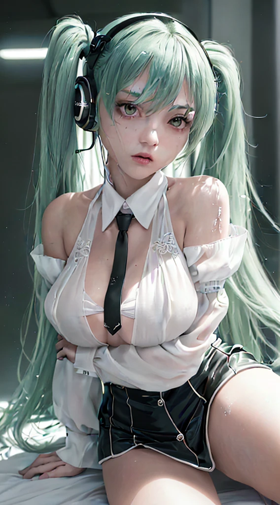 NSFW:1.4、Masterpiece、最high quality、high quality、High definition、High resolution、High detail、Lens flare、Ray Tracing、high qualityのテクスチャー、high qualityの影、Beautiful details、Detailed explanation、Detailed texture、Realistic facial expression、Realistic and colorful、Delicate、Cinematic Light、Side light、Sharp Focus、(1 Female:1.3)、(Intricate detailakeup、Pure Eros Face_v1:0.5)、(Details Beautiful delicate face、Detailed beautiful delicate eyes、Perfect Facial Proportions、Detailed skin、Charm、Detailed chest、Large upward-facing breasts)、(See-through)、Wet、slender、sexy、Underboob、High Leg、V-Cut、Hatsune Miku、Seafoam green hair color、Fancy Twin Tails、Beautiful bangs、(Lift-up mini skirt)、(Mini skirt soaring in the wind)、(high slit)、Knee-high boots、White shirt、tie、Headphones、Removing the Sleeve、Raise your knees、Cyberpunk City、Full body photography、Low - Angle、Condescending Gaze、(Take a deep breath、Work on this image step by step)