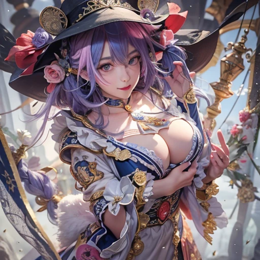 Hiding in the tomb、Hair flow、 ((highest quality、masterpiece、8k、Best image quality、Ultra-high resolution、Award-winning works)、(Accurate anatomy:1.1)、(Look at me and smile:1.1)、Shining fair skin with Ultra-high resolution、The most detailed face、Ultra-high resolution detailed face、Ultra-high resolutionの髪の毛、(Ultra-high resolutionの煌めく瞳:1.1)、Beautiful face drawn in every detail、Cheerful clown costume, Chest to chest, tattoo,Strange atmosphere, Ghosts flow
