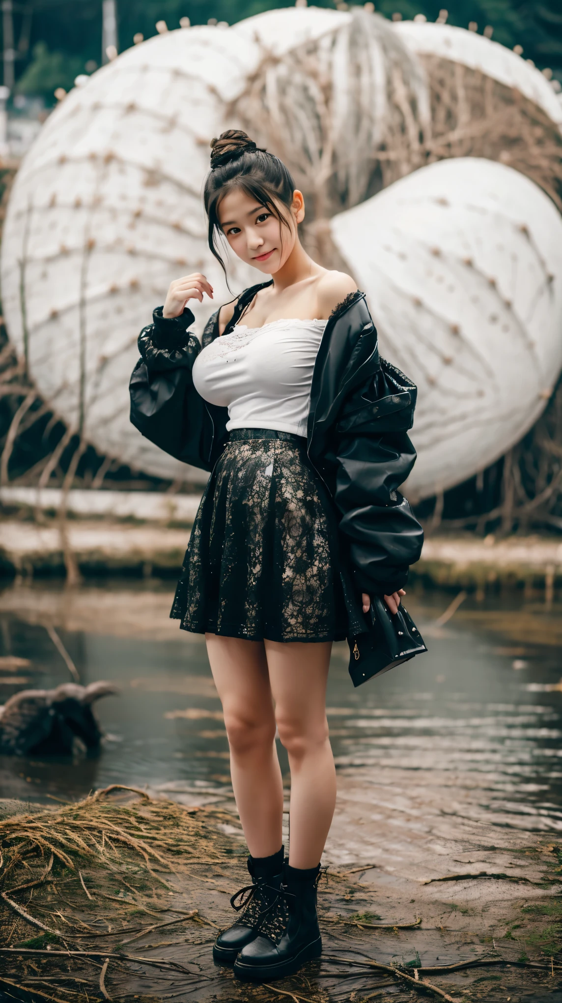 Japanese , Gorgerous Girl , Adorable Girl , Baby Face , Cute , Young , 18 Years Old , Large Colossal Breast , Off Shoulder , Black ((Open Jacket)) , Black Mini Punk Lace Skirt , Gravity Paint Outdoor , White Ponytail 