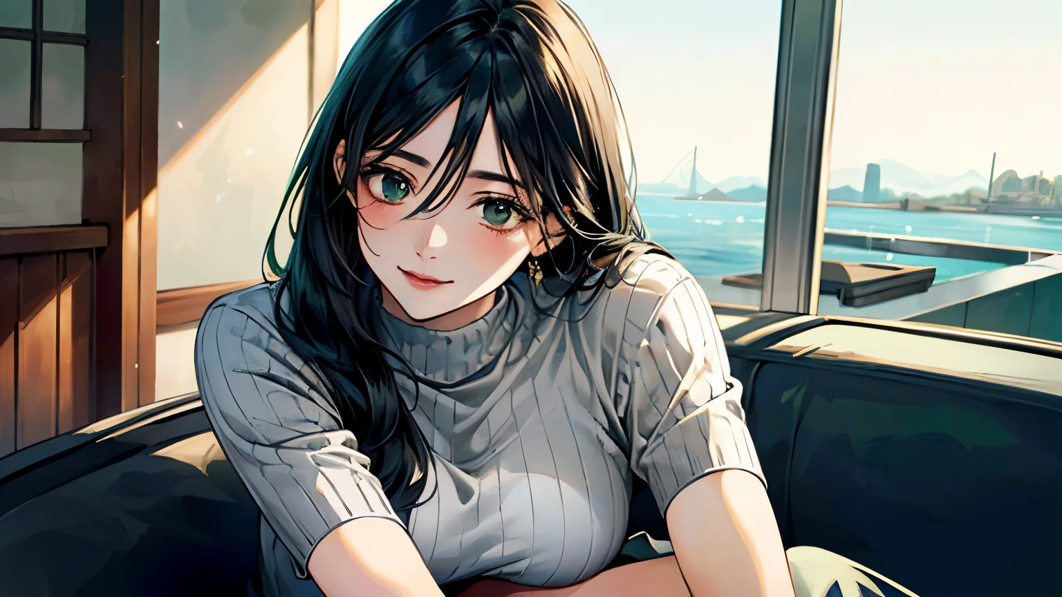 (masterpiece:1.3, highest quality, Ultra-high resolution, Super detailed), (Realistic, photoRealistic:1.4), Beautiful illustrations, Perfect lighting, Natural light, colorful, Depth of written boundary,
View Viewer, whole body, Front view:0.6, 1 girl, Japanese, office lady, 19 years old, Perfect Face, (Perfect Anatomy), Cute and symmetrical face, , Shiny skin, ,
(Long Hair:1.7, Straight hair:1.2, Black Hair), Hair between the eyes, Emerald green eyes, Long Eyelashes, (Big Breasts:0.8),
Beautiful Hair, Beautiful Face, Beautiful fine details, Beautiful clavicle, Beautiful body, Beautiful breasts, Beautiful thighs, Beautiful feet, Beautiful fingers,
((Short sleeve navy high neck sweater, Grey stretch tapered pants), ID card),
(Beautiful views), Daytime, (Office Lounge),, (Smile, Half an eye, Lips parted),Reading a book,whole body,mini skirt,one person,whole body,Attractive legs