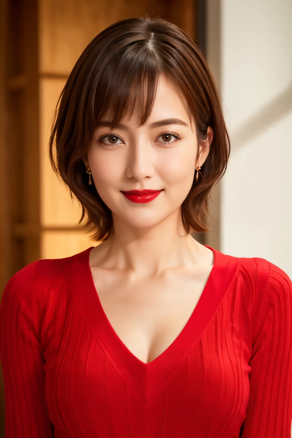 Tabletop, highest quality, Photorealistic, Very detailed, finely, High resolution, 8k wallpaper, RAW Photos, Professional, High level of detail, 1 girl, ((Red lips)), ((Looking at the camera)), (Look forward), Upper Body, short hair, Bob Hair, (Straight Hair), Shapely breasts, Cleavage, V-neck light knit sweater