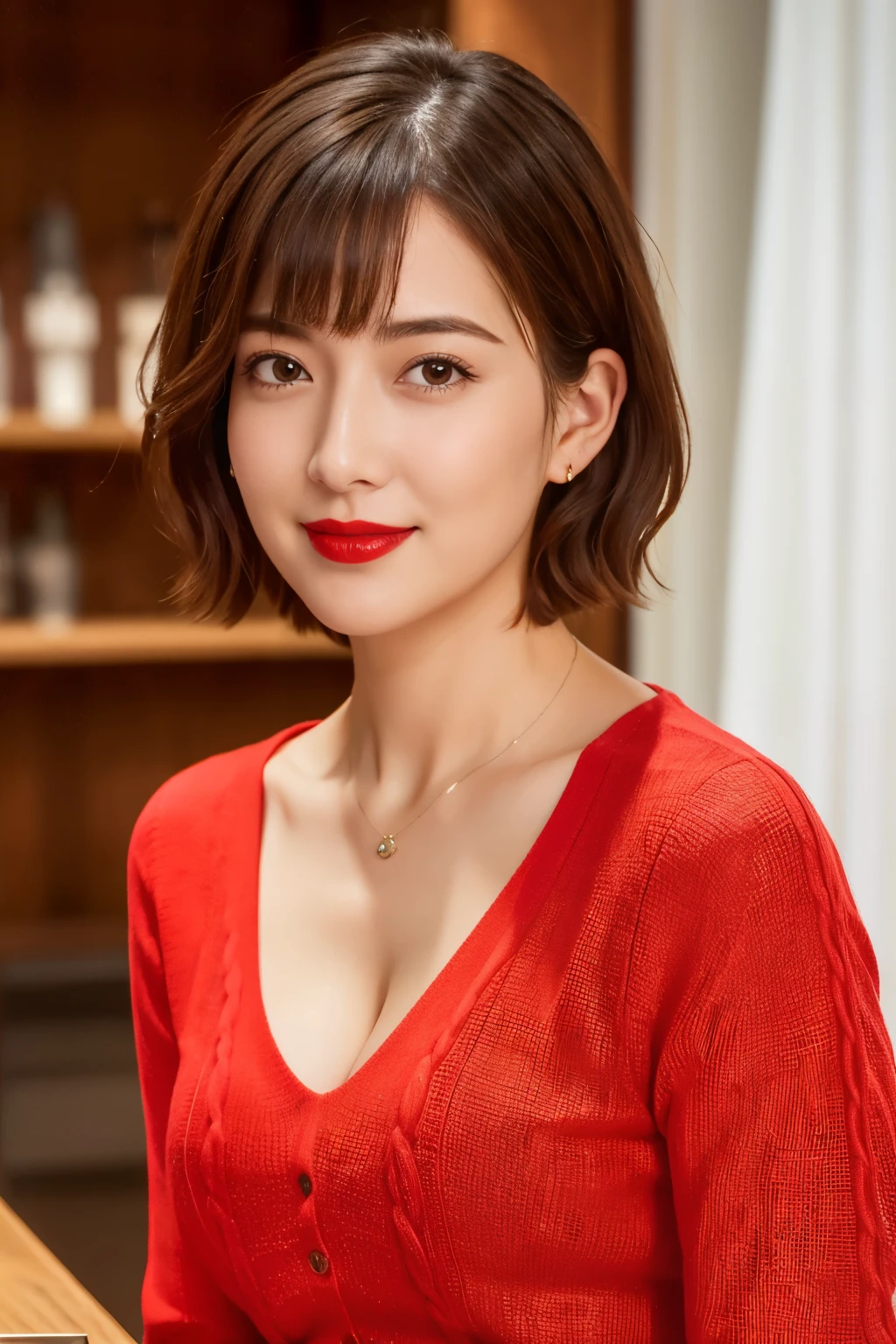 Tabletop, highest quality, Photorealistic, Very detailed, finely, High resolution, 8k wallpaper, RAW Photos, Professional, High level of detail, 1 girl, ((Red lips)), ((Looking at the camera)), (Look forward), Upper Body, short hair, Bob Hair, (Straight Hair), Shapely breasts, Cleavage, V-neck light knit sweater