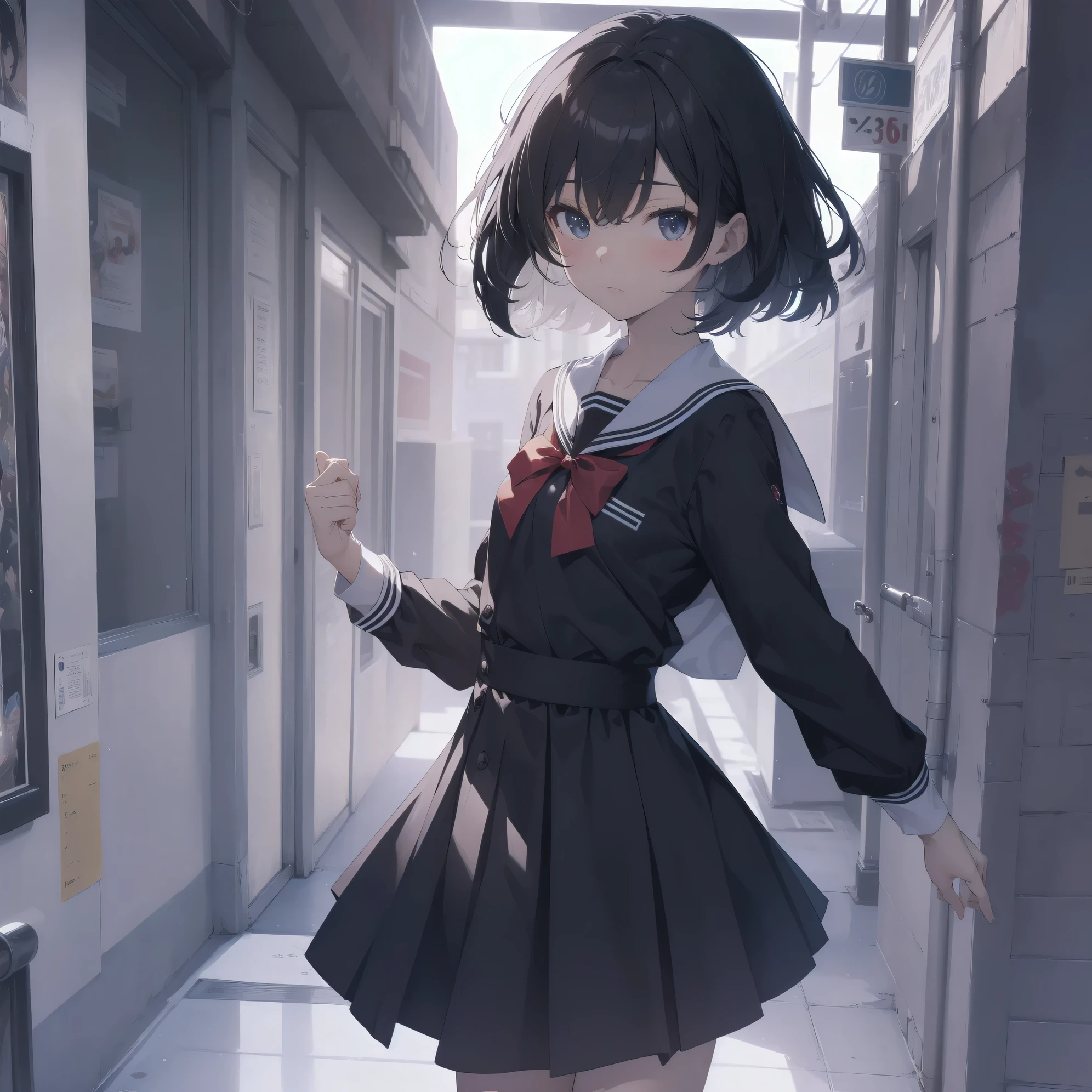 ultra-absurdres-Top quality by artist God, ultra-detailed, high resolution, anime moe artstyle, best anime 8k konachan wallpaper, pixiv contest winner, pool:2810, perfect anatomy,break, 1girl, (Please draw a girl walking sleepily to school alone. )break,(Solo,little female, 13-year-old:1.3),Full limbs, complete fingers,a junior high school student, (very short hair), short cut, flat chest, , small butt, small black eyes, beautiful detailed eyes, well-proportioned iris and pupils, expressive eyes, highres detailed hair, soft expression, salor school_uniform, sailor collar, serahuku, bow, pleated skirt,(Detailed Lighting), (Detailed background), in the School commute route. break,super detailed skin, Best cinematic lighting powered by famous artist, 8k,beauty illustration,photoshop_(medium),very aesthetic,break,((artist:yua_(checkmate) )), artist:clamp ,artist:carnelian ,artist:kantoku ,
