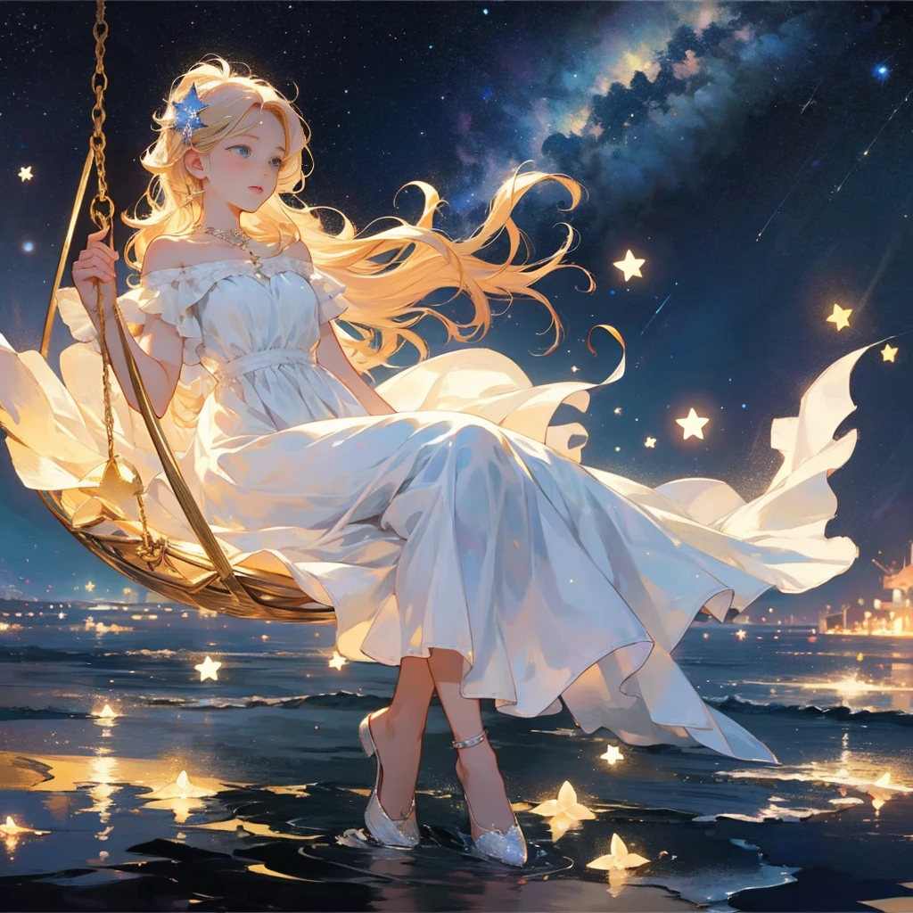 Woman on a swing,Panorama,whole body、On the water,Ocean, Starry Night,Dark night sky,moon,_Many star marks, colorful, Pastel and bright colors, Mysterious colors,Panorama,、 High translucency gradient hair, beautiful, Art Style,Delicate and delicate golden star chain,Big Star ☆Object,Panorama,Fashion model woman, Starry Night,Dark night sky,moon,_Many star marks,Pale Dress,Graceful pose, colorful, Pastel and bright colors, Mysterious colors,Panorama,、beautiful crystal eyes,