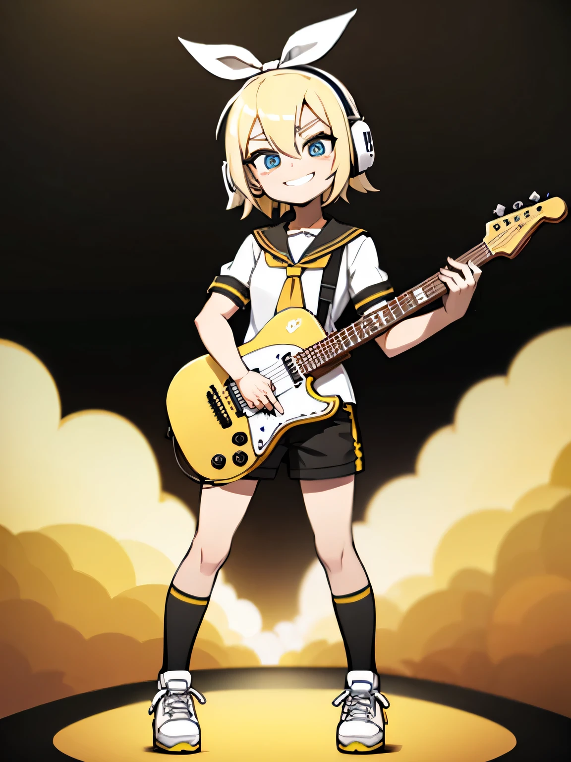 Kagamine Rin、highest quality、Ultra-precision、One Girl、Cute S、short hair、White Hair Ribbon、Barrette、Headphones、Blonde、Black shorts、internal、Yellow neckerchief、No sleeve、smile、Black Background、Eye、Standing and playing electric guitar、Guitar Picks、White shoes、Black socks、I have a left-handed pick、Multiple limbal formation in the hand