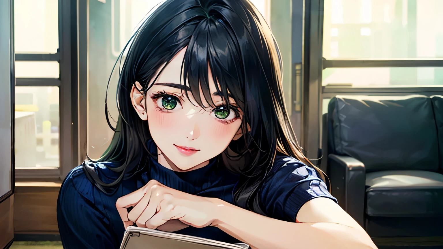 (masterpiece:1.3, highest quality, Ultra-high resolution, Super detailed), (Realistic, photoRealistic:1.4), Beautiful illustrations, Perfect lighting, Natural light, colorful, Depth of written boundary, 
View Viewer, whole body, Front view:0.6, 1 girl, Japanese, office lady, 19 years old, Perfect Face, (Perfect Anatomy), Cute and symmetrical face, , Shiny skin, , 
(Long Hair:1.7, Straight hair:1.2, Black Hair), Hair between the eyes, Emerald green eyes, Long Eyelashes, (Big Breasts:0.8), 
Beautiful Hair, Beautiful Face, Beautiful fine details, Beautiful clavicle, Beautiful body, Beautiful breasts, Beautiful thighs, Beautiful feet, Beautiful fingers, 
((Short sleeve navy high neck sweater, Grey stretch tapered pants), ID card), 
(Beautiful views), Daytime, (Office Lounge),, (Smile, Half an eye, Lips parted),Reading a book,whole body,mini skirt,one person,whole body,Attractive legs