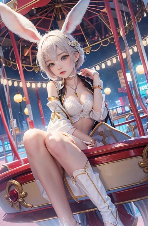 30 years old, Wide-angle lens, A woman in stylish spring clothes、Woman enjoying merry-go-round at night,thin、Serious expression、Short-haired、Deadly position, Gorgeous Necklace, Light milky porcelain skin, Smooth, Translucent white skin, Enchanting anime girl, Beautiful and seductive anime woman, Super realistic sweet bunny ears girl, Pale porcelain white skin, Smooth, Realistic and perfect body, Anime Girl Cosplay, Perfect body with realistic shadows, Switzerland'masterpiece, There is a real white rabbit. Red eyes and blue eyes