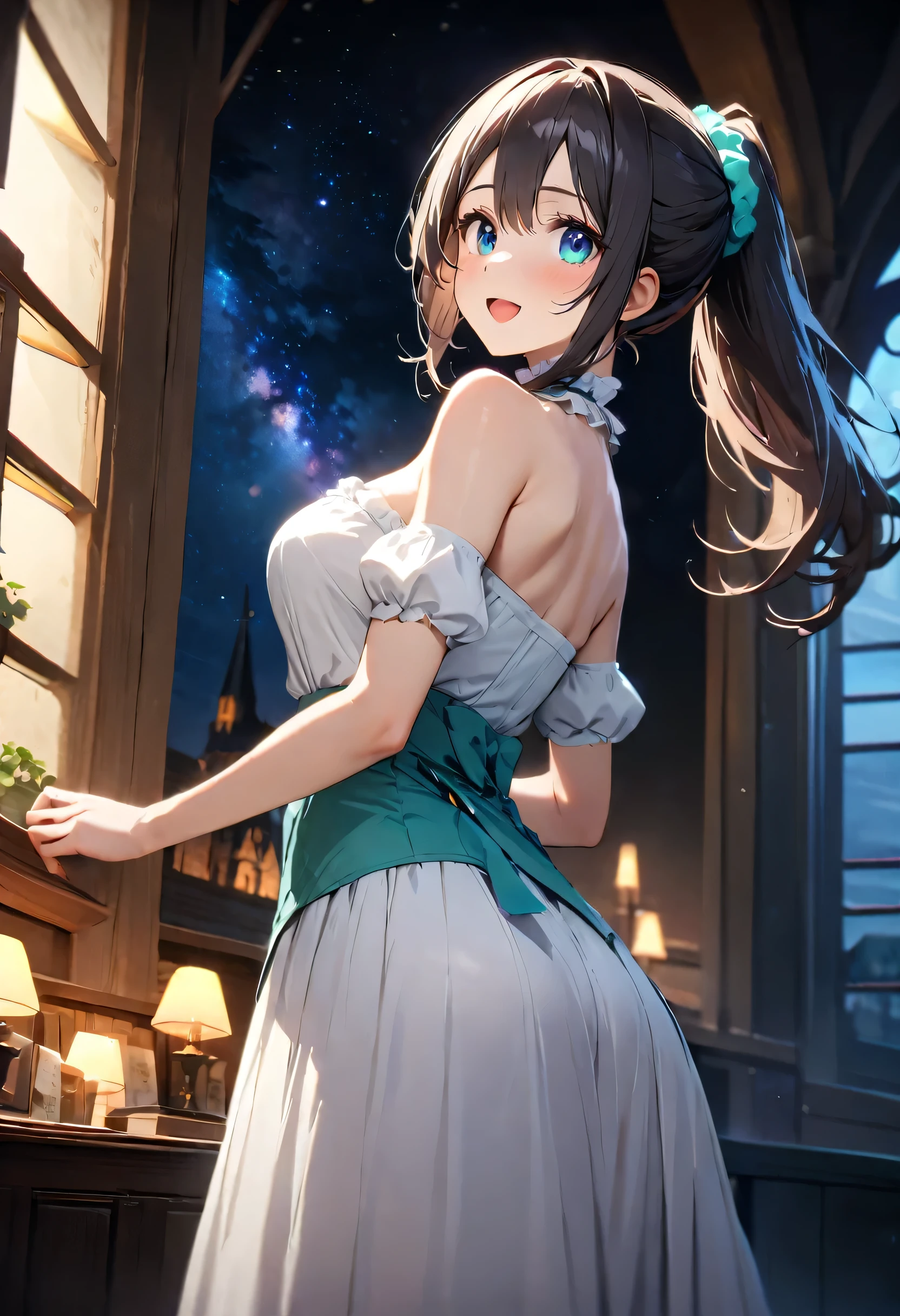 (raw photo: 1.2), ((realism: 1.4)) Top quality, masterpiece, illustration, very delicate and beautiful, high resolution, CG , uniformity , 8K wallpaper, amazing, detailed, masterpiece, top quality, official art, high definition CG Unity 8K wallpaper, absurd, high definition, high definition, high definition, quality beautiful girl, high definition eyes and face, beautiful Detailed eyes, face light, movie light, Cowboy Shot,
BREAK (eye highlight), Score_9, Score_8_up, Score_7_up, (exused_skin:1.3), eyes wide,
BREAK from behind,1girl, waking, full body, smile, open mouth, looking back, reaching out, clasp, (looking away:1.4),
BREAK black hair, (high ponytail, medium ponytail), curly hair, (aqua scrunchie:1.3), aqua eyes, (tareme:1.3), hanging breasts,
half-closed eyes, sleepy,
BREAK (dress:1.2), off-shoulder dress, short dress, strapless, tight dress, thick ribbon at waist, puffy short sleeves, frilled choker,
BREAK pumps,
BREAK mont saint michel, night, see, starry sky,