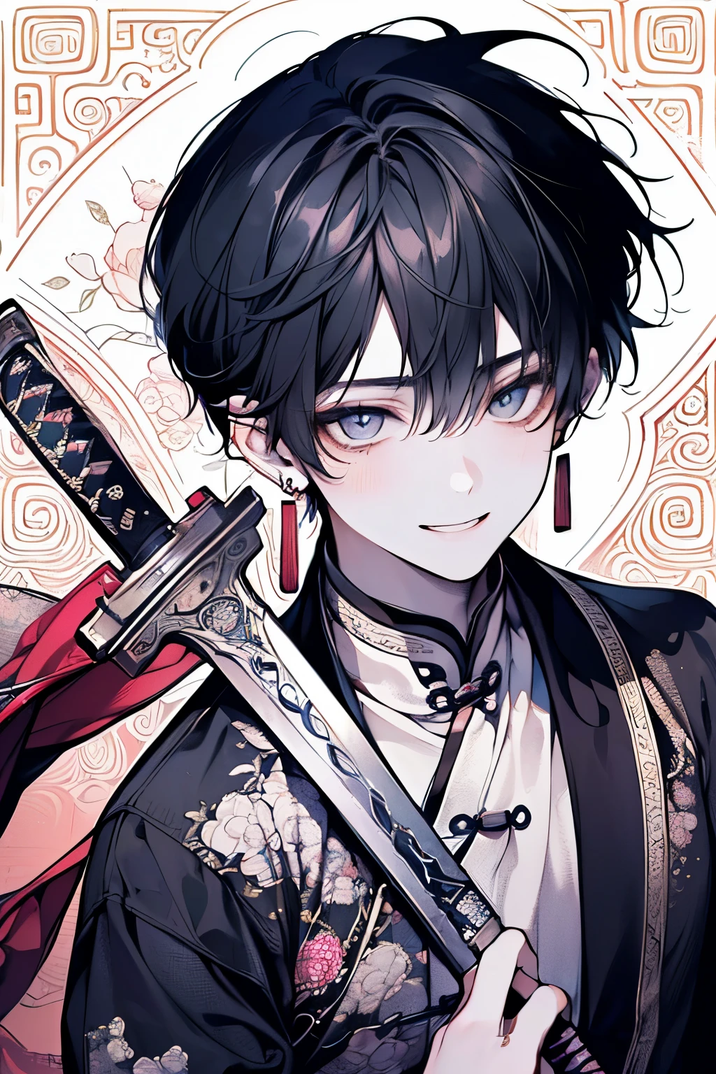 ( boy:1.45)、(masterpiece、highest quality、highest quality、Beautiful and beautiful:1.2)、(Good anatomy:1.5)、((dancing with a sword:1.2))、((Performance:1.2))、(Hanfu costume:1.35)、Her cheeks are flushed and she smiles happily.、Close-up of face、Large earrings、(Polka dot pattern background:1.3)