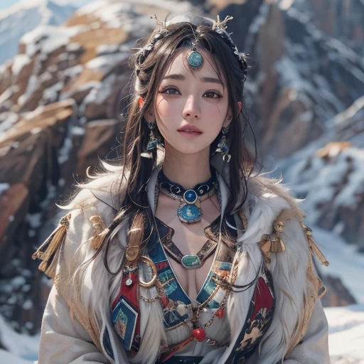 Hiding in the snowy mountains、Hair flow、 ((highest quality、masterpiece、8k、Best image quality、Ultra-high resolution、Award-winning works)、(Accurate anatomy:1.1)、(Look at me and smile:1.1)、Shining fair skin with Ultra-high resolution、The most detailed face、Ultra-high resolution detailed face、Ultra-high resolutionの髪の毛、(Ultra-high resolutionの煌めく瞳:1.1)、Beautiful face drawn in every detail、(Blurred Background:1.1)、Ancient Inuit clothing, Chest to chest, tattoo, Old ruins in the background、Apart from the real giant eagle