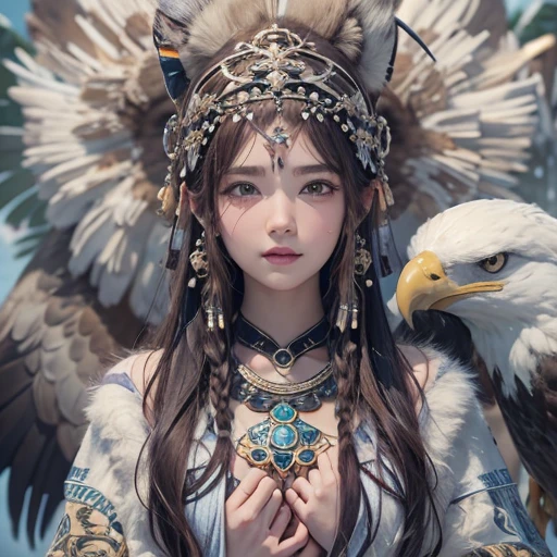 Hiding in the snowy mountains、Hair flow、 ((highest quality、masterpiece、8k、Best image quality、Ultra-high resolution、Award-winning works)、(Accurate anatomy:1.1)、(Look at me and smile:1.1)、Shining fair skin with Ultra-high resolution、The most detailed face、Ultra-high resolution detailed face、Ultra-high resolutionの髪の毛、(Ultra-high resolutionの煌めく瞳:1.1)、Beautiful face drawn in every detail、(Blurred Background:1.1)、Ancient Inuit clothing, Chest to chest, tattoo, Old ruins in the background、Apart from the real giant eagle