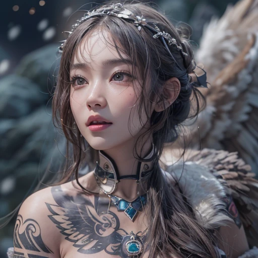 Hiding in the snowy mountains、Hair flow、 ((highest quality、masterpiece、8k、Best image quality、Ultra-high resolution、Award-winning works)、(Accurate anatomy:1.1)、(Look at me and smile:1.1)、Shining fair skin with Ultra-high resolution、The most detailed face、Ultra-high resolution detailed face、Ultra-high resolutionの髪の毛、(Ultra-high resolutionの煌めく瞳:1.1)、Beautiful face drawn in every detail、(Blurred Background:1.1)、Ancient Inuit clothing, Chest to chest, tattoo, Old ruins in the background、Apart from the real giant eagle