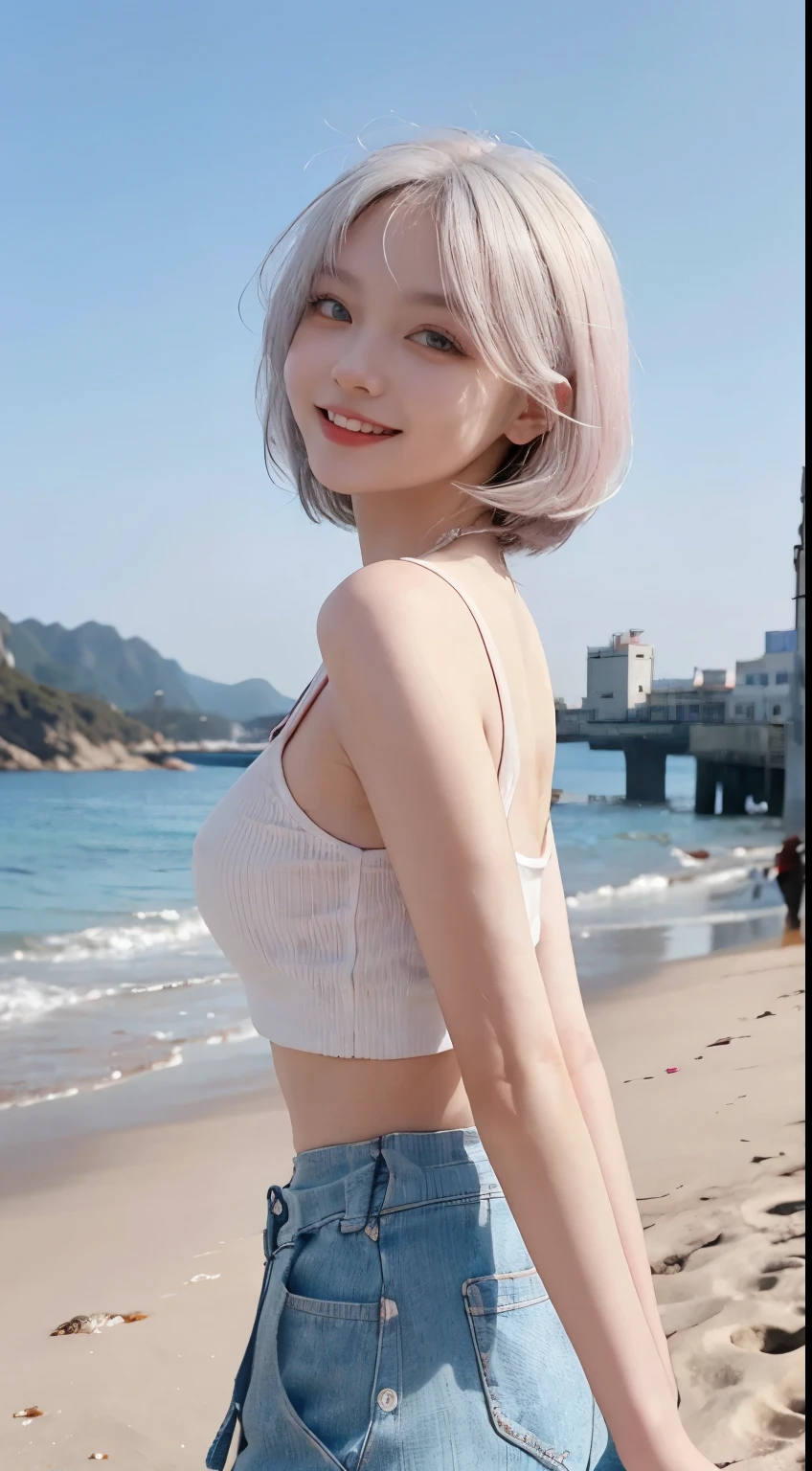Best image quality、RAW Photos、超A high resolution、21 years old Korean、Small breasts、Dynamic Angle、Cowboy Shot、Chaos in its most beautiful form、elegant、Brutalist Design、Vibrant colors、Beautiful white hair、Short Bob、smile、fun、smile、Glowing White Skin、Beautiful eyes with random colors、Very thin lips、Beautiful eyes in every detail、length, Narrow eyes、Cheeks are pale pink、length eyelashes、Beautiful double eyelids、eye shadow、Bright white hair、Crop top、Overalls、Sandy Beach、back、turn around