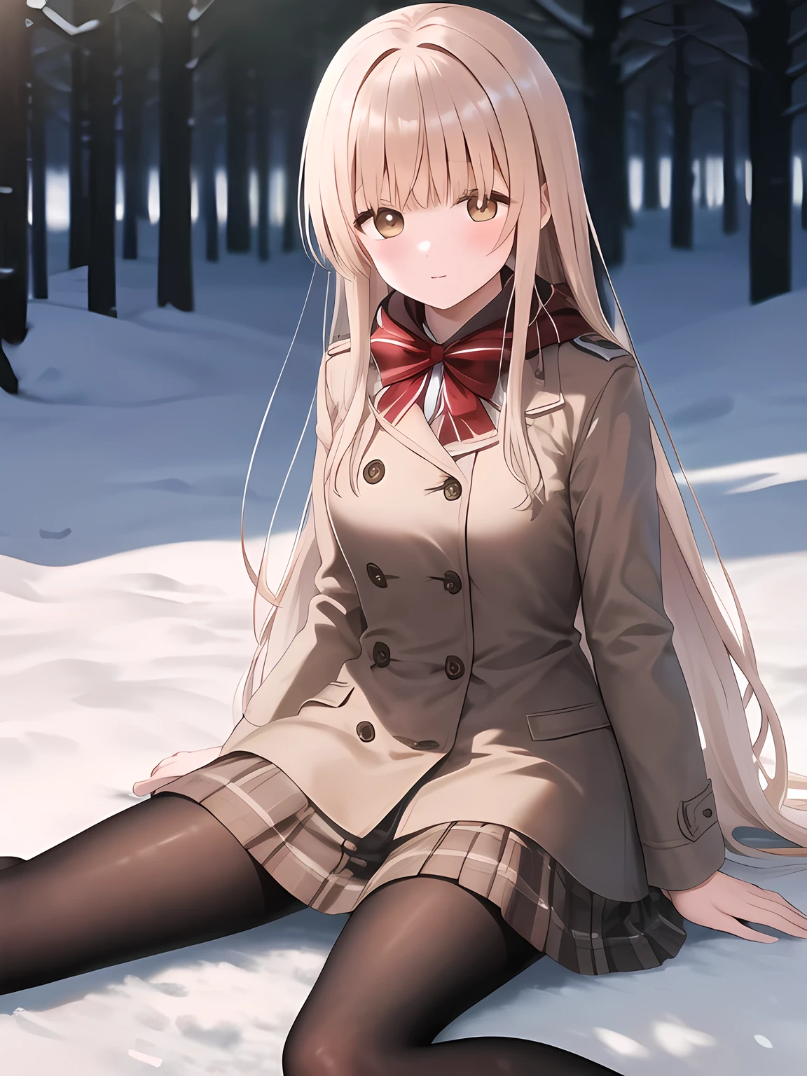 masterpiece, best quality, highres, aamahiru, long hair, red bowtie, plaid skirt, brown coat, white scarf , short skirt, black tights, winter background, snow, she lies on the snow