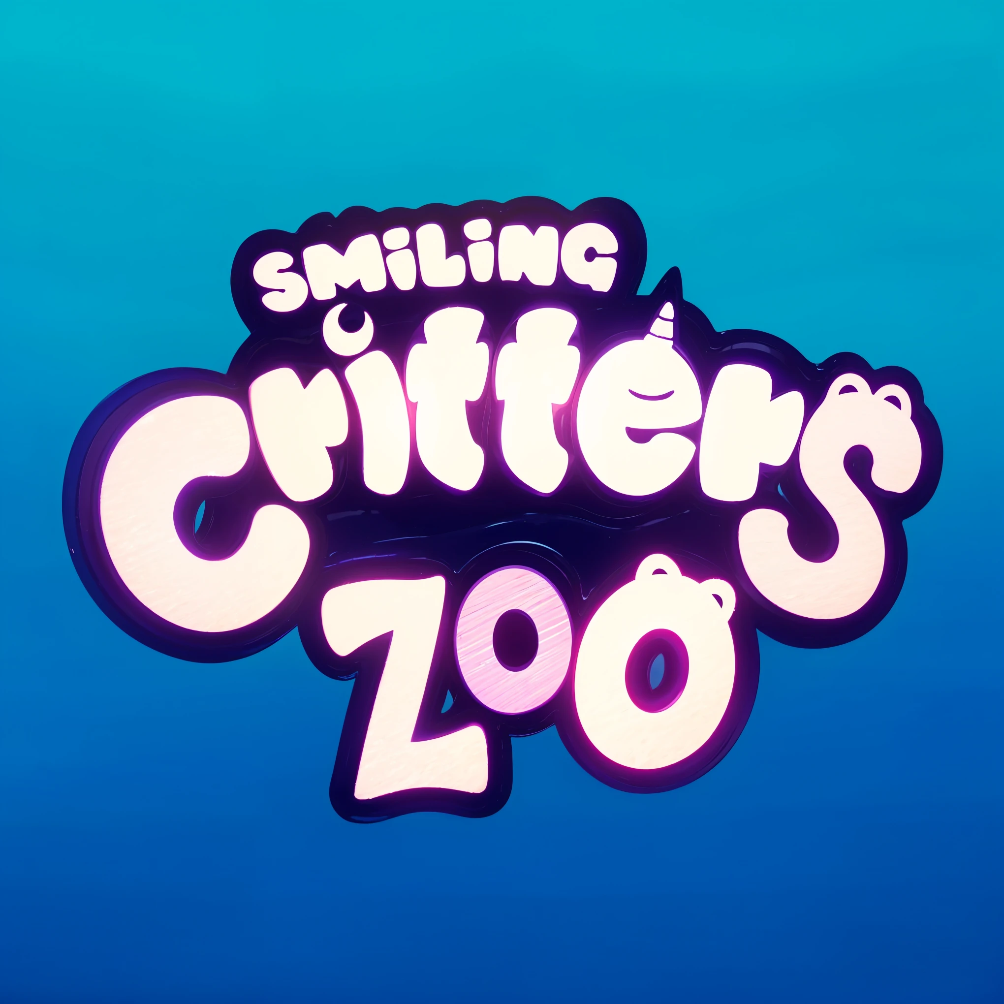 purple 3d Create an image featuring the text 'Smiling Critters Zoo' in a playful, cartoonish font. The text should be in a large, white font with a purple outline, designed to appear three-dimensional (3D) with a metallic and glossy plastic finish. Add small details like a crescent moon on the letter 'i' and small animal features on some of the letters. The background should be a gradient from light blue at the top to a slightly darker blue at the bottom. cartoon key frame rendering, cute 3D rendering, Shiny metallic,Create ultra sharp цветной рендеринг zbrush. perfect cgi, cgi art created only with gradients, smooth silhouette, Create ultra sharp skin, high intensity refraction, (plastic material), most beautiful vfx, blue background, plastic refractions, glossy texture, smooth 3d model, multiple light sources, rim light, sharp post effects render, (glossy plastic texture with multiple big light probe refractions), perfect cgi, cgi art created only with gradients, smooth silhouette, high intensity refraction, (plastic material), most beautiful vfx, blue background, plastic refractions Create ultra sharp