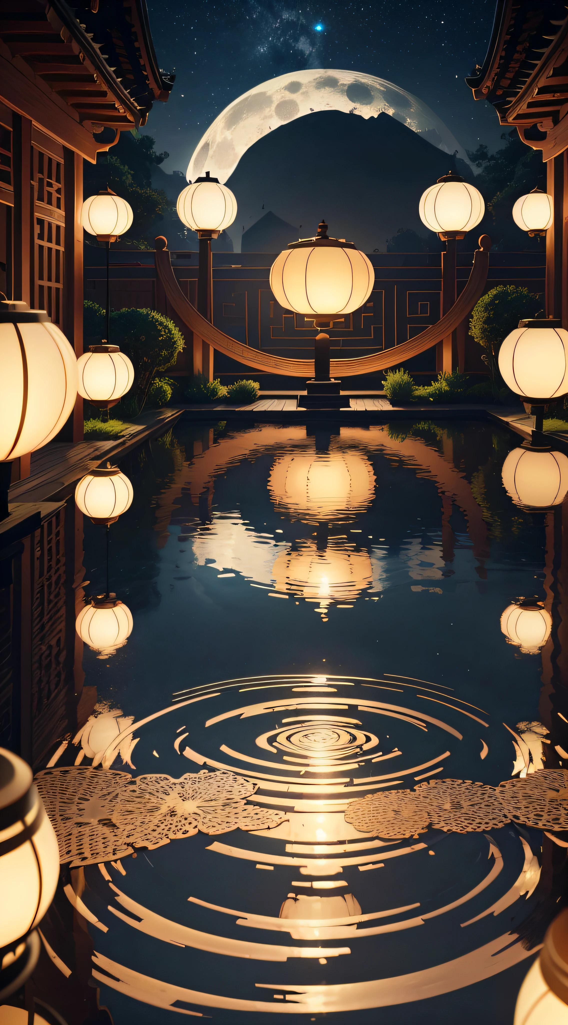 (highest quality,4K,8k,High resolution,masterpiece:1.2),Super detailed,(Realistic,photoRealistic,photo-Realistic:1.37),Moonlit Night,Quiet Garden,traditional chinese architecture,Charming courtyard,Bright full moon,Glowing lantern,Colorful mid-autumn festival decorations,Happy family reunion,Vibrant colors,Laughter of joy,Traditional attire,Dragon dance performance,Exquisite paper cutting art,Traditional Music,Delicious mooncakes,The scent of incense,Peaceful atmosphere,Space Sky,Reflection on the surface of the water,Tranquil lotus pond,Soft candle light,A harmonious melody,smile,Festive mood,Chinese Tea Ceremony,Graceful Movement,Twinkling Star,Magical atmosphere,Lively conversation,Dim lanterns,auspicious symbol,Pleasant memories,Gratitude,Unforgettable moments