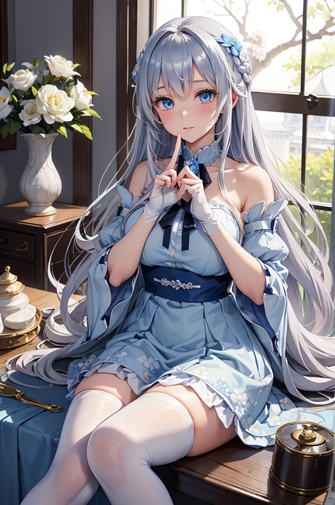 (Overlooking figure)、Dynamic Angle、Super detailed、figure、 Straight、One girl、(Fantasy:1.4)、
(Blue Eyes:1.2)、(Glowing Eyes:1.2)、(Beautiful and detailed:1.1)、(Silver Hair:1.2)、(Messy Hair、Very long hair、French Braid、Hair between the eyes、Side Lock)、
(Blue Hair Flower:1.1)、(Chiffon dress、blue floral pattern on uniform)、(uniform:1.2)、(Removable sleeves、Wide sleeves)、(Fingerless gloves)、choker、
(Shrine Maiden Knee Socks)、High heel boots、(Expressionlesouth closed)、(Are standing)、(White ancient palace、Classic princess bedroom with dressing table and French windows)、
(White flowers are blooming)、(Dull Blue World Tree:1.1)、(Remains)、(night:1.2)、dream-like、(Delicate fingers and hands:1.0)、(Finger details)、zettai ryouiki、Large Breasts