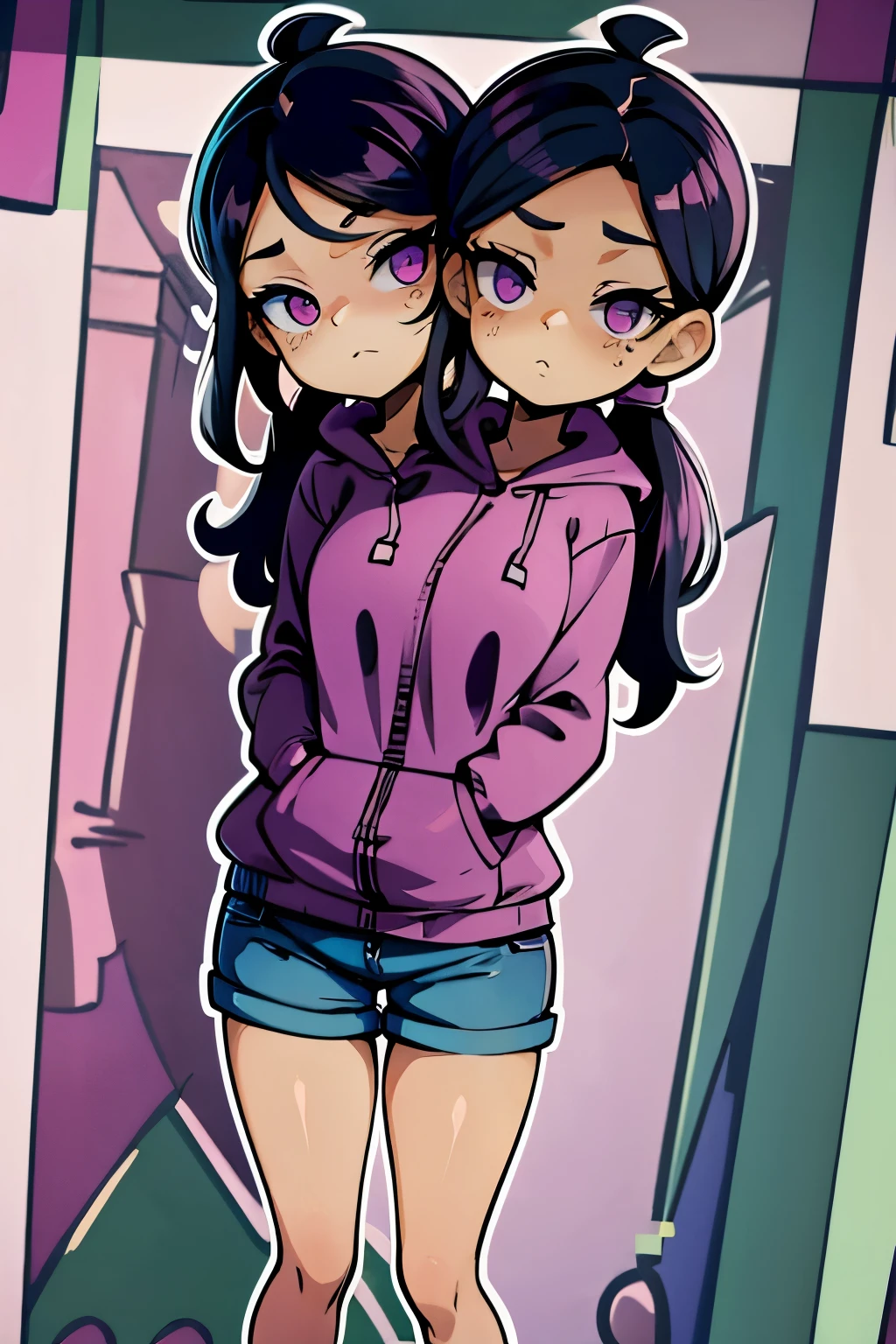 conjoined, 2heads, girl with two heads instead of one, 2head, cuerpo curvilineo, brazos curvilineos, usando shorts, ropa abrigada, piernas curvilineas, anime cartoon, using a purple hoodie, each head has a ponytail
