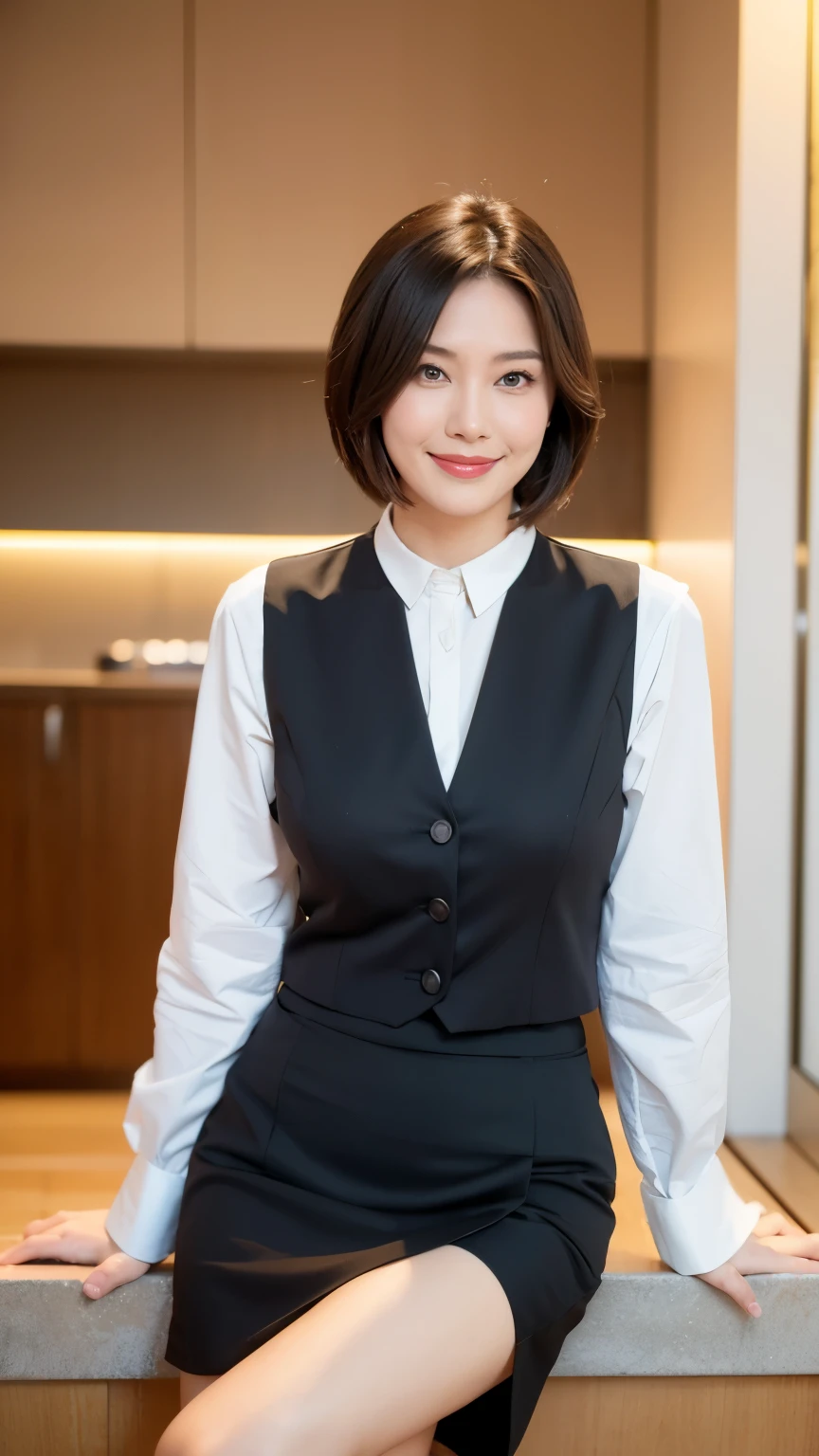 Japanese women、32 years old, (RAW Photos:1.2), (Realistic),(Genuine: 1.4), highest quality, Very detailed, finely, High resolution, 8k, perfection、Beautiful and exquisite,(Female office worker in uniform:1.5)、(White blouse:1.5)、 (Dark blue vest:1.5), (Ultra-realistic pantyhose:1.2), (Knee-length skirt)、Bob Hair, Red lipstick, A neat image, (Elegant smile:1.2)、Receptionist、cute、Camera-facing shot, Realistic skin texture、Shiny skin、(Headquarters of a large company、Standing in front of the reception counter:1.5)、(Short black hair:1.5)、(Standard body shape)、(D cup breasts)