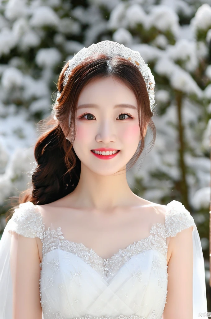 best quality,HD,masterpiece,a beauty,Clear face,Small waist,Wearing a Snow White themed wedding dress,Positive face