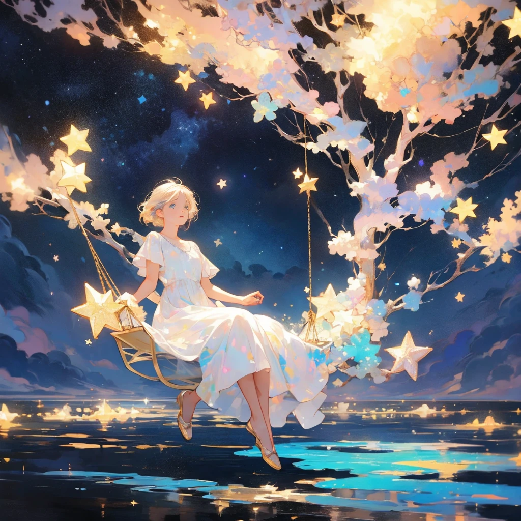 Woman on a swing,Panorama,whole body、On the water,Ocean, Starry Night,Dark night sky,moon,_Many star marks, colorful, Pastel and bright colors, Mysterious colors,Panorama,、 High translucency gradient hair, beautiful, Art Style,Delicate and delicate golden star chain,Big Star ☆Object,Panorama,Fashion model woman, Starry Night,Dark night sky,moon,_Many star marks,Pale Dress,Graceful pose, colorful, Pastel and bright colors, Mysterious colors,Panorama,、beautiful crystal eyes,