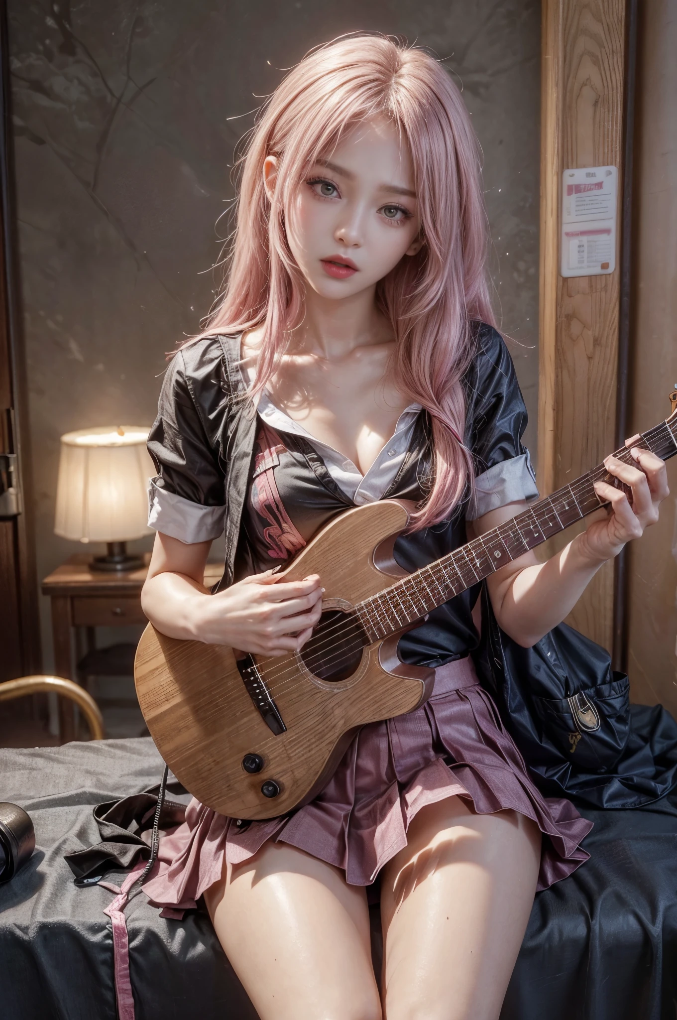 (Front Pin、perfect anatomy:1.5)、(Super detailed、16K quality、real skin: 1.6)、hyper realist、Photoreal.cinematic lighting、highly detailed face、1 girl、 (Beautiful 24 year old half-elf girl、elf ears)(beautiful pink hair:1.7)(big slit eyes、eye shadow、eyeliner、bad eyes:1.5)flashy gal makeup、(unbalanced chest、big :1.4)sunburn、eyeliner、red lips.
(Schoolgirl Shirt:1.4) paired with (pink pleated skirt:1.3) and (barefoot:1.2). (Pink guitar🎸、holding guitar in hand、Playing the guitar:1.4)
(Highly detailed and accurate arms and legs)whole body、(sitting on a king size bed:1.3)(modest hotel room、pink lighting、Spotlight:1.2)