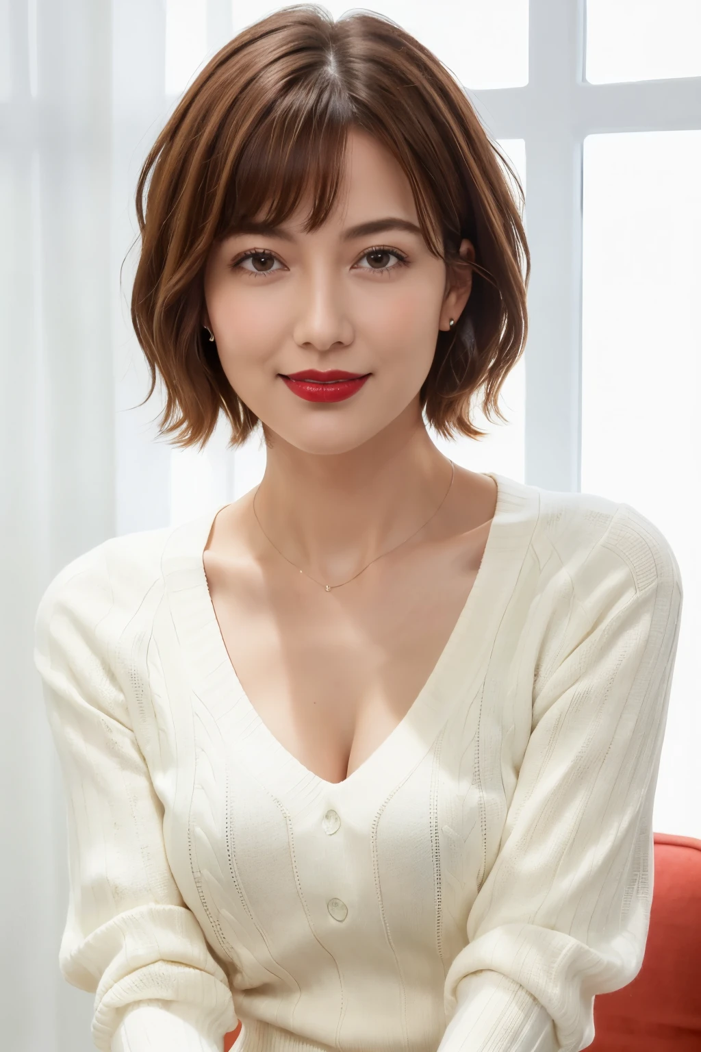 Tabletop, highest quality, Photorealistic, Very detailed, finely, High resolution, 8k wallpaper, RAW Photos, Professional, High level of detail, 1 girl, ((Red lips)), ((Looking at the camera)), (Look forward), Upper Body, short hair, Bob Hair, (Straight Hair), Shapely breasts, Cleavage, White V-neck light knit sweater, Plain background