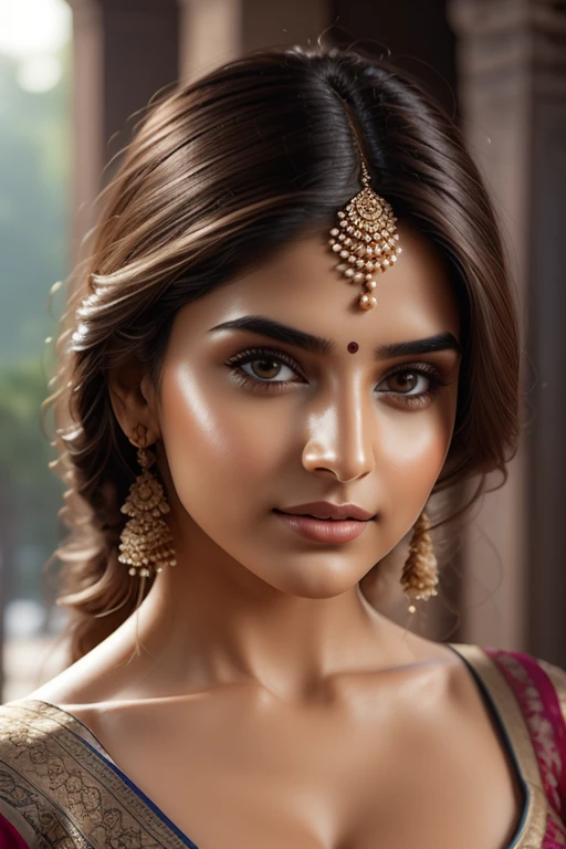 young Indian girl, posing for photo, closeup, very close, 18-year-old, gentle sun lighting on face , Urban Mode , new cloths, silk cloth, cloth is transperent , city girl vibe, intricate facial details, full body picture, cinematic pose flawless complexion, top-notch 3D rendering, hyper-realistic, ultra-realistic, shot on Indian road. photorealistic digital art trending on Artstation 8k HD high definition detailed realistic, detailed, skin texture, hyper detailed, realistic skin texture, armature, best quality, ultra high res, (photorealistic:1.4),, high resolution, detailed, raw photo, 400 camera f1.6 lens rich colors hyper realistic lifelike texture dramatic lighting unrealengine trending on artstation cinestill 800, Front View