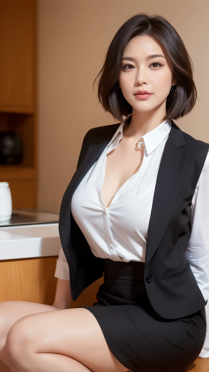 最high quality, In 8K, Masseter region, Vibrant, Sharp focus, high quality, High resolution, Detailed face, fine grain, Thick lips, (Looking at the audience), alone, Beautiful woman, 38 years old, Japanese women, (Short black hair:1.4)、(Bob Hair:1.4), Cleavage, Lunch break、Cutting-edge company headquarters、(近代的なビルのWide大なロビー:1.6)、(Large windows、High ceilings、Wide々and space)、Large reception counter、(sitting behind the counter:1.3)、(Upper body photo:1)、(Japanese women)、(Female office worker uniform:1.8), (wearing a dark 青 vest over a white blouse:1.5), The vest has three gold buttons, (A red ribbon around his neck:1.6)、(Knee-length dark blue skirt)、(Black pumps:1.5)、(Red lipstick:1)、(smile:1.3)、(standard body type)、(D cup breasts)