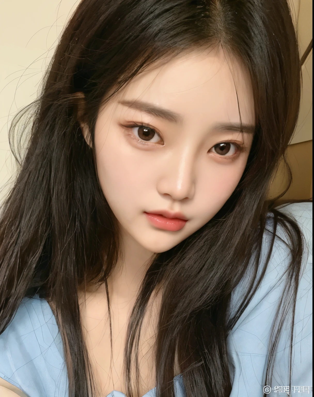 Araped Asian woman with long black hair and blue shirt, Jenny Blackpink, Best Face, Jinyoung Canella, 젊고 사랑스러운 korean 얼굴, Jaeyeon Nam, 귀엽고 사랑스러운 korean 얼굴, young cute white asian face, korean, Heonhwa Choi, common ratio, beautiful aesthetic face, Korean facial features, With a beautiful and slim face