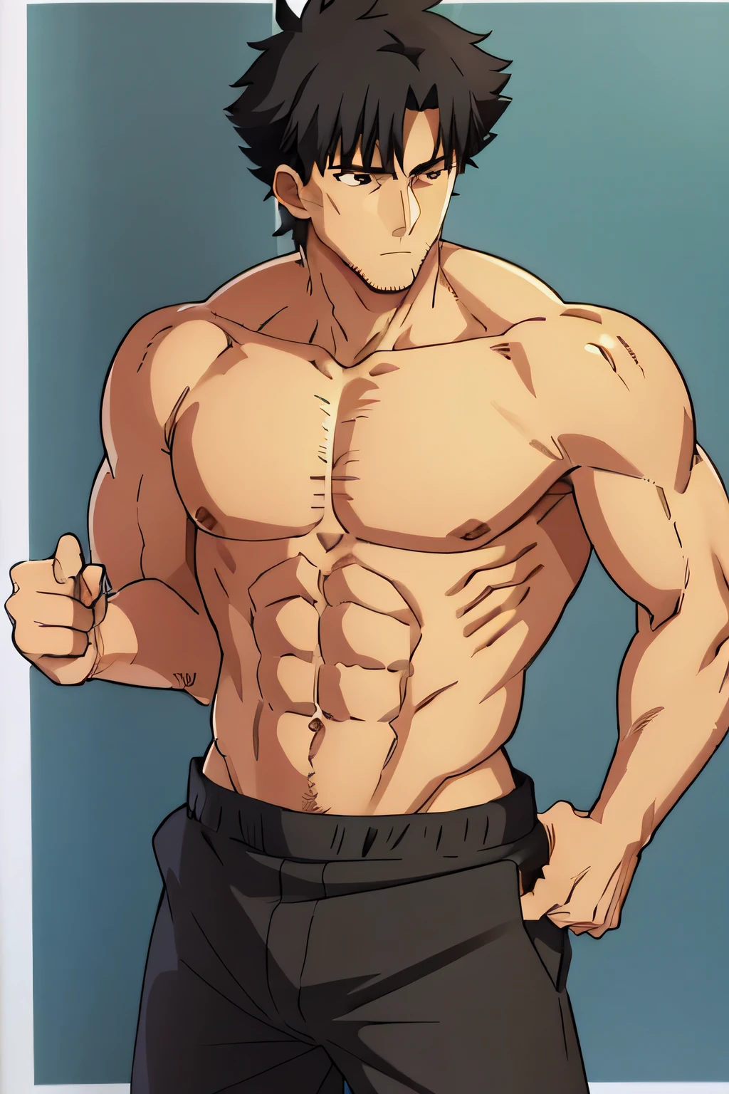 Kiritsugu is flexing his biceps. He is shirtless and wears black boxershorts. You can see his thighs. He looks stoic and serious.