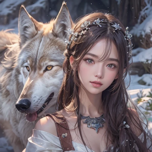Hiding in the snowy mountains、Hair flow、 ((highest quality、masterpiece、8k、Best image quality、Ultra-high resolution、Award-winning works)、(Accurate anatomy:1.1)、(Look at me and smile:1.1)、Shining fair skin with Ultra-high resolution、The most detailed face、Ultra-high resolution detailed face、Ultra-high resolutionの髪の毛、(Ultra-high resolutionの煌めく瞳:1.1)、Beautiful face drawn in every detail、Ancient Viking clothing, Chest to chest, tattoo, Old ruins in the background、Besides real wolves