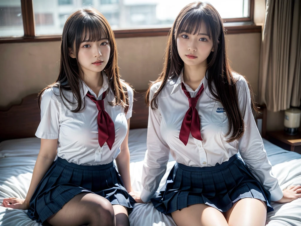 (RAW photo, 4k, masterpiece, high resolution, extremely complex) (realistic: 1.4), cinematic lighting
((2 girls, 2 schoolgirls)),Slam Dunk's,blushing,((innocent)),(Dark makeup),bright eyes,round eyes,blunt bangs,(straight hair:1.3),black hair,large breasts,wide hips,Summer Noon, 20 year old girl、cute type、lolita,Hot, (Best Quality), (Highres), (an Extremely Delicate and Beautiful),(Beautiful 8k face),(Brown eyes),short bob hair,( spectators),(gigantic breasts),(Play with each other,Touching each other's bodies,Touching the body),(Japanese high school uniform:1.3),blue skirt,(reality),bright lighting,(The background is a luxury hotel room)