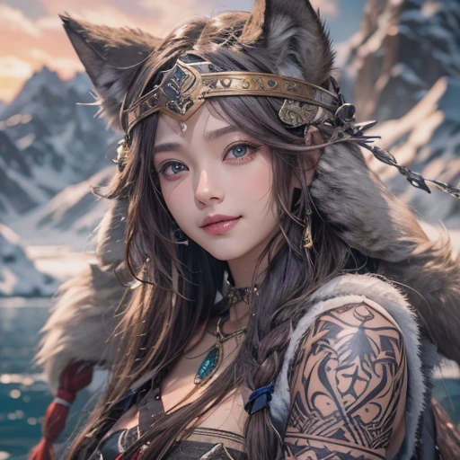 Lakeside surrounded by snowy mountains、Hair flow、 ((highest quality、masterpiece、8k、Best image quality、Ultra-high resolution、Award-winning works)、(Accurate ???????:1.1)、(Look at me and smile:1.1)、Shining fair skin with Ultra-high resolution、The most detailed face、Ultra-high resolution detailed face、Ultra-high resolutionの髪の毛、(Ultra-high resolutionの煌めく瞳:1.1)、Beautiful face drawn in every detail、Ancient Viking clothing, Chest to chest, tattoo, A real wolf is by your side