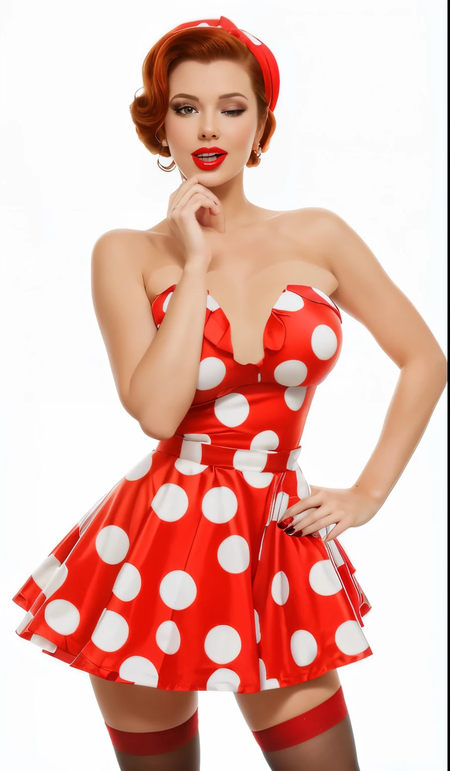 Full length photo of a girl, realistically depicting a 35 year old woman as sexy and emotional. У нее Red hair, one eye is closed creating a mysterious and sexy image. Model dressed in pin-up style with hair styled "victory rolls" Red hair. Her plump red lips make her look sexy. She has average breast size. She portrays an American housewife, posing in various sexual positions. Against a white background, she appears in a red retro dress with large polka dots with a fluffy, voluminous ballerina skirt. She has a red bandana on her head, and on her feet there are red stockings. The photo is made in pin-up style, emphasizing the retro-USA vibe. Her sexy look, she looks at me, and blows a kiss, give the photo a special charm. she&#39;s surprised, she&#39;s flirting, her mouth is open, she&#39;s laughing, one eye is closed