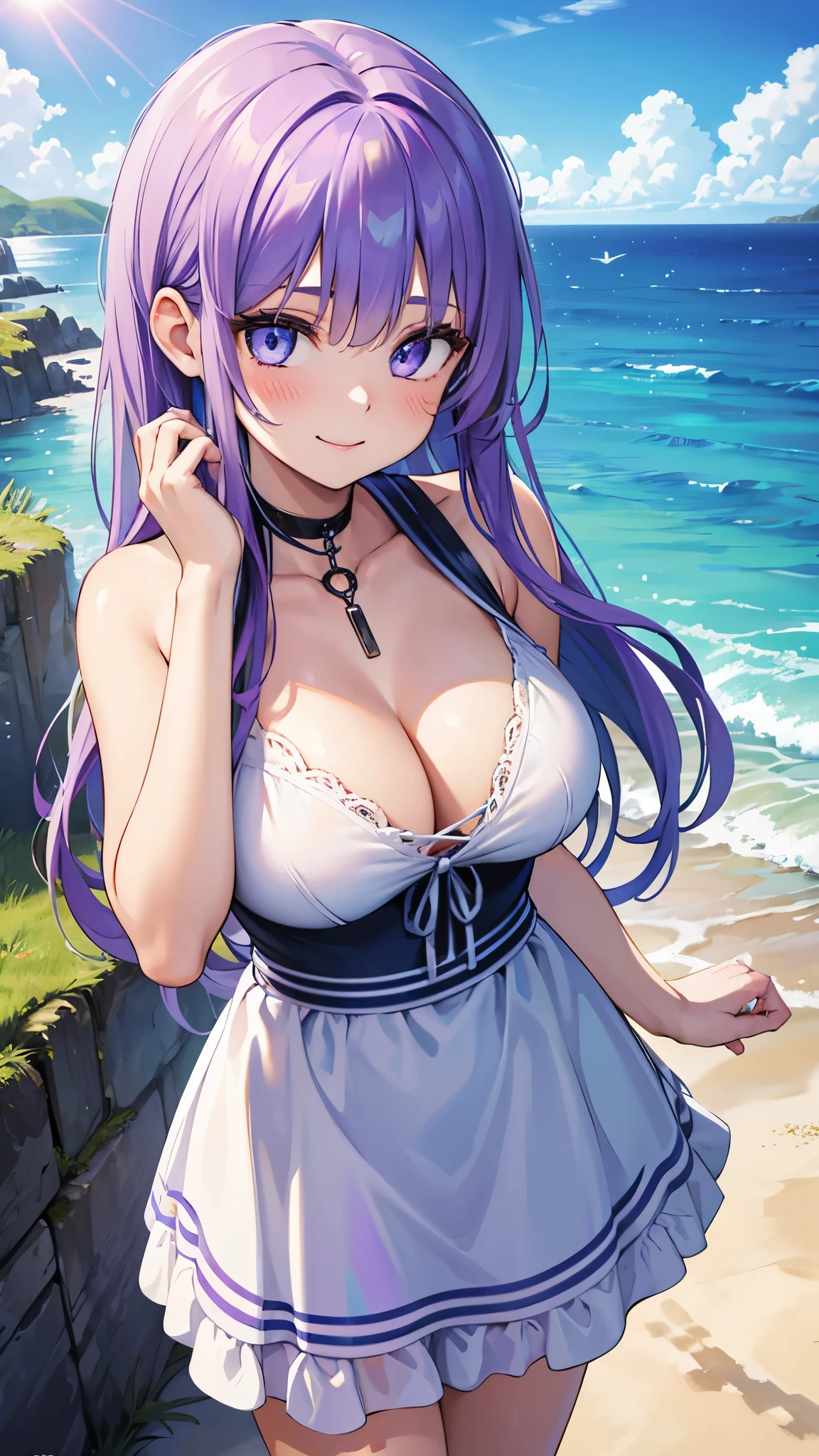 1girl, long iridescent hair, (gradient purple hair), (gradient eyes), purple and blue eyes, beautiful detailed eyes, large bust, sun dress, beautiful womanly face, smile, sensual eyes, chalky cliffs, ocean side, stone steps down to beach, sunny day, masterpiece, best quality, very aesthetic, absurdres, newest, ai-generated, realistic, photorealistic 