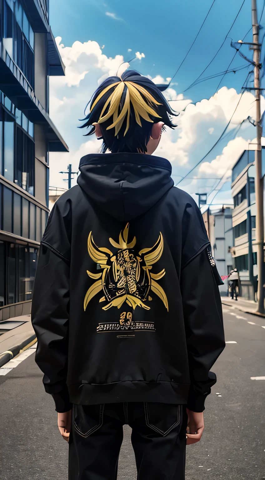 1boy, Kazutora Hanemiya from Tokyo Revengers, wearing hoodie with tokyo text image, Kazutora Hanemiya hairstyle, stand alone, hoodie detailed, overlooking to streets, from back, back view, 8k, ultra hd, ultra detailed, masterpiece.