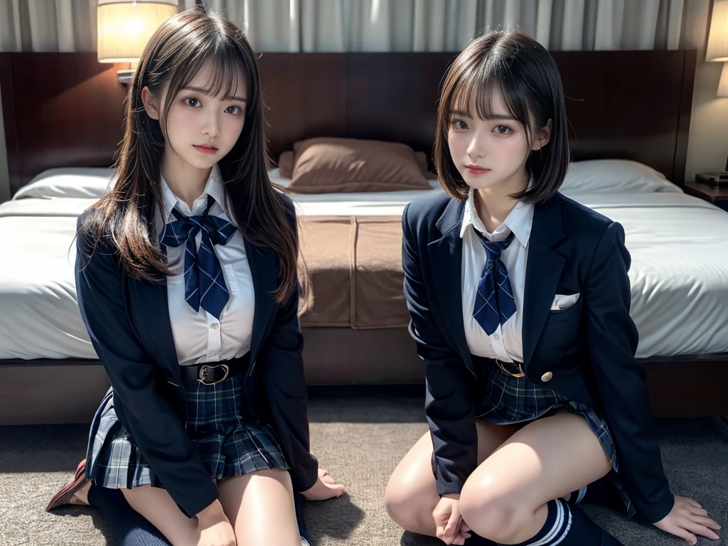 (8K, Raw photography, top-quality, masterpiece:1.2), master piece, best quality, illustration, Super detailed, fine details, High resolution, 8K,wall paper, perfect dynamic composition,(Details High quality, realistic depiction of eyes:1.3), ((2 girls, 2 schoolgirls)), The background is a luxury hotel room、High school girl uniform、blazer 、Super Short Check Uniform Skirt、Navy blue high socks、garterbelts、Colossal tits、Disturbed uniform, Play with each other,Touching each other's bodies,Touching the body of the girl next door, short bob hair, black hair color, huge breasts, Big Natural Color Lip, bold sexy pose, (perfect body shape), crying a little、cold gaze, Beautiful makeup,glitter makeup,Cutest 18 years old, beautiful legs, hposing Gravure Idol, Voluptuous thighs