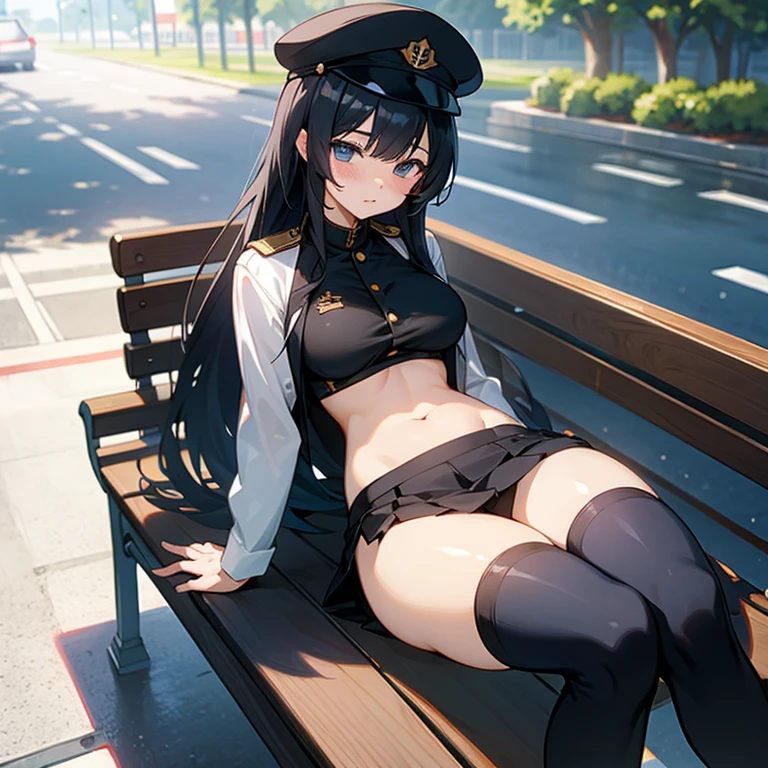 Anime girl sitting cross-legged on a bench, Enchanting anime girl,Naughty anime style, Wearing a uniform、The underboob is visible、I can see your belly、I can see your pants、Black Stockings、Wearing a hat、Not wearing a skirt、Black hair with blue and red lines、Long Hair、Large Breasts、Her  are visible through her uniform、Spreading her legs、Show your pants、Wet、Soaking wet、Light clothing