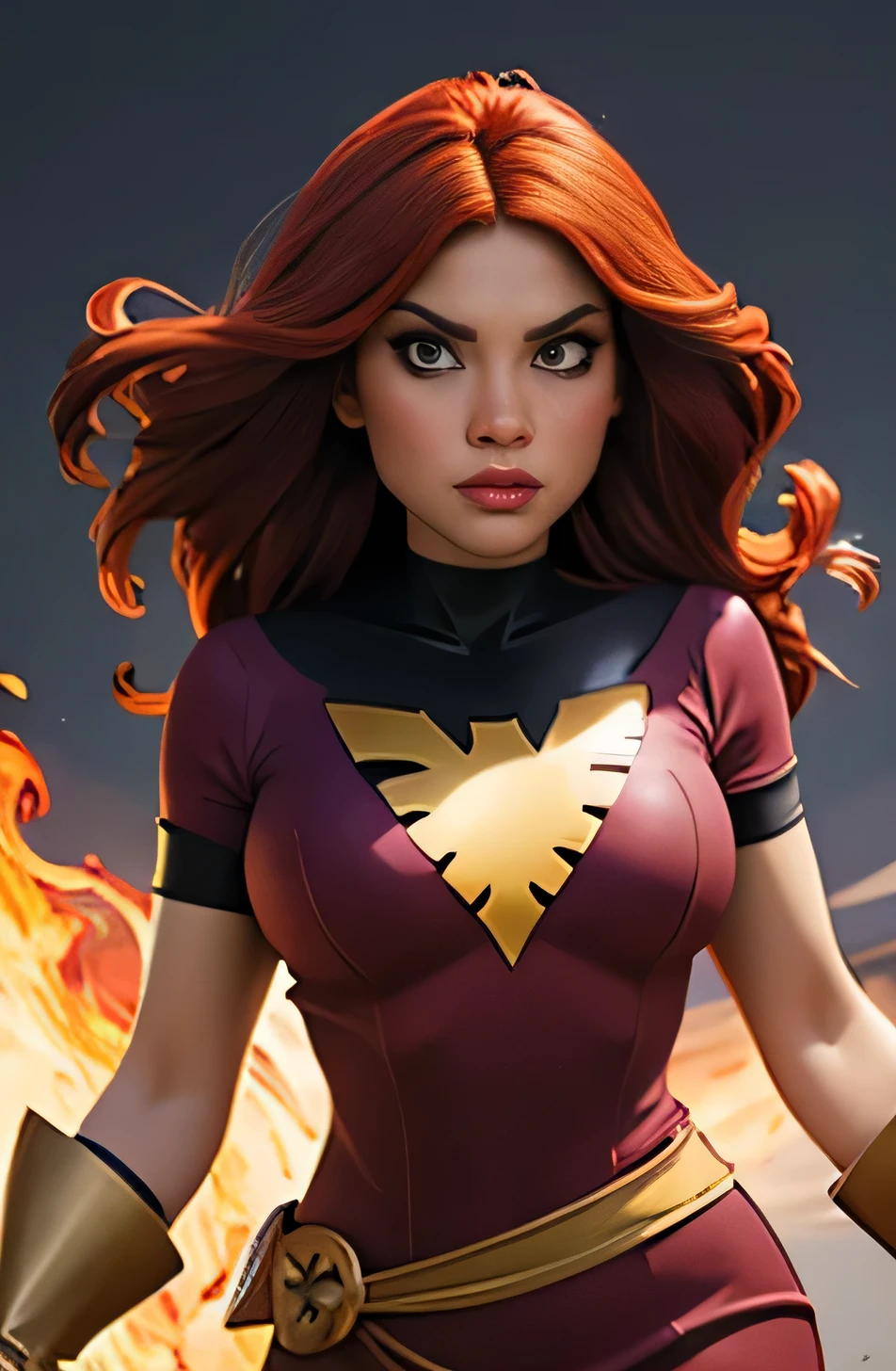 Jeangrey,X-men,Pheonixcostume,superhero,vibrantcolors,fierceexpression,detailedeyes,longredhair,burningflames,telekinesis,emotional,intensebattle,mysticalbackground,bestquality,highreshighlightedoutline,comicbookstyle,widescreenformat,contrastadjusted,hdr,crispdetails,energeticlighting, large breasts, sexy