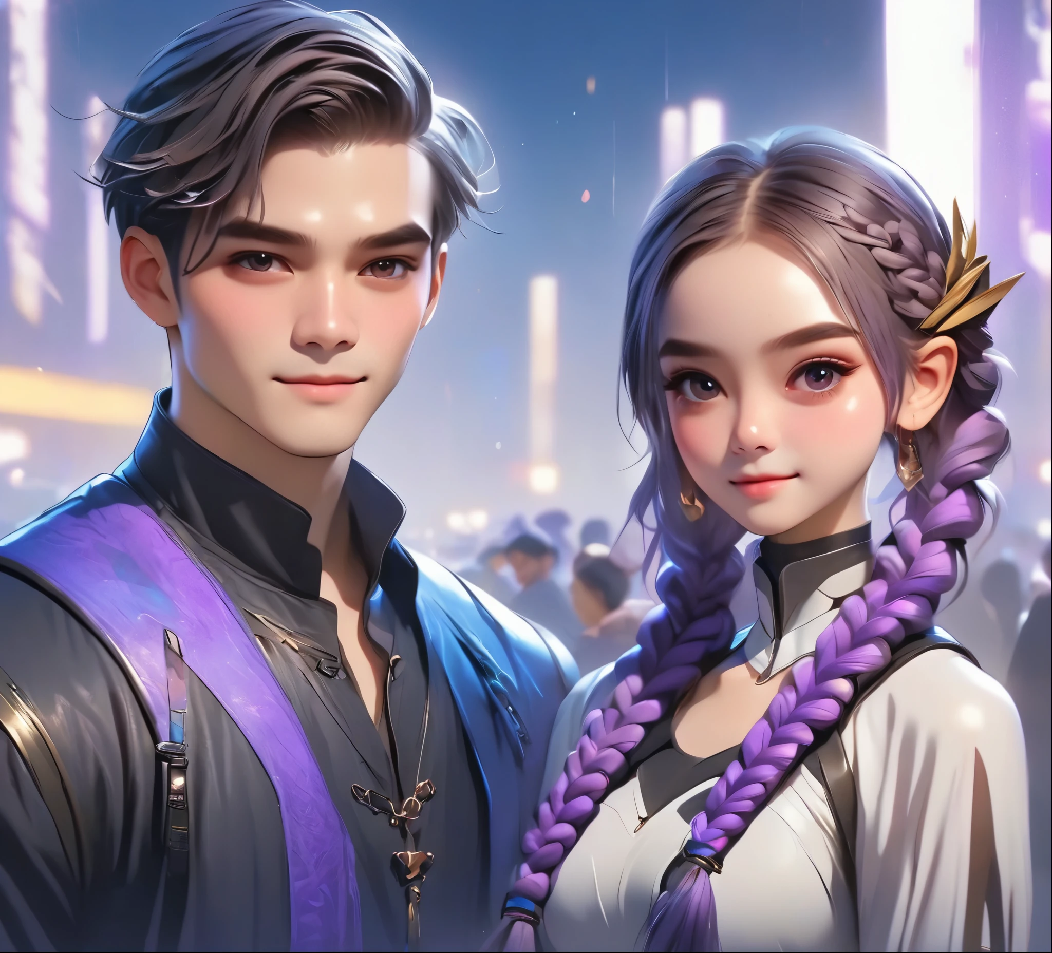 1 boy,Girl with purple and white gradient double braids,romantic couple,Smiling Face,as thick as thieves,Background blur,high quality,Artistic sense,cinematic atmosphere,Luxury lighting