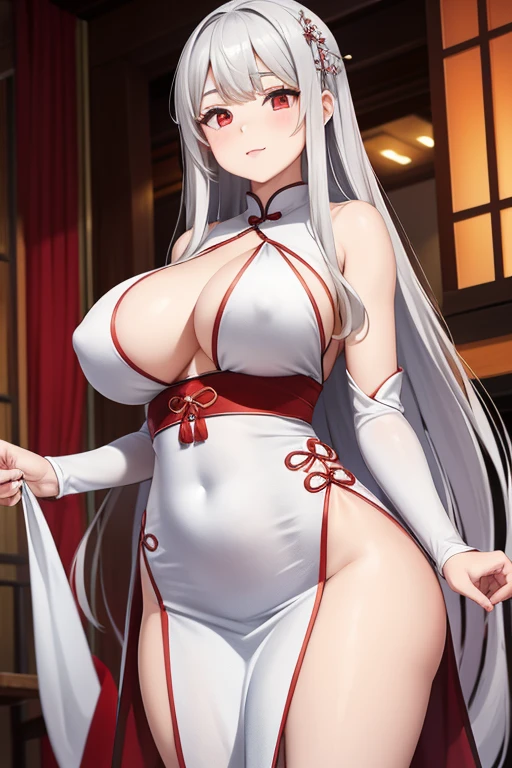 Very cute and beautiful girl, big breasts, outstanding figure, long silver hair, silver hair, red eyes, Chinese dress, no bangs,