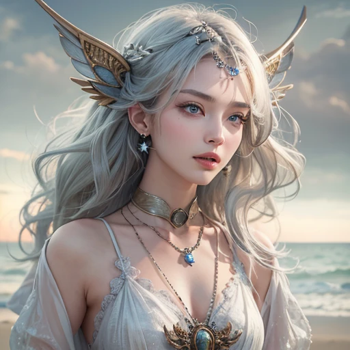 (masterpiece:1.3), (8k, Realistic, RAW Photos, Best image quality: 1.4), Fair-skinned fairy woman、Long Hair、Cleavage:2.0、Highly detailed face、Attention to detail、double eyelid、Chest to chest、Sharp focus:1.2、Beautiful woman:1.4、Silvery white hair、highest quality、masterpiece、超A high resolution、(Realistic:1.4)、Highly detailed and professionally lit smiles、Loose, Light, steampunk、Shoulders out、thin、Serious expression、Short-haired、Deadly position, one person、whole body,Walking on the beach、Gorgeous Necklace、