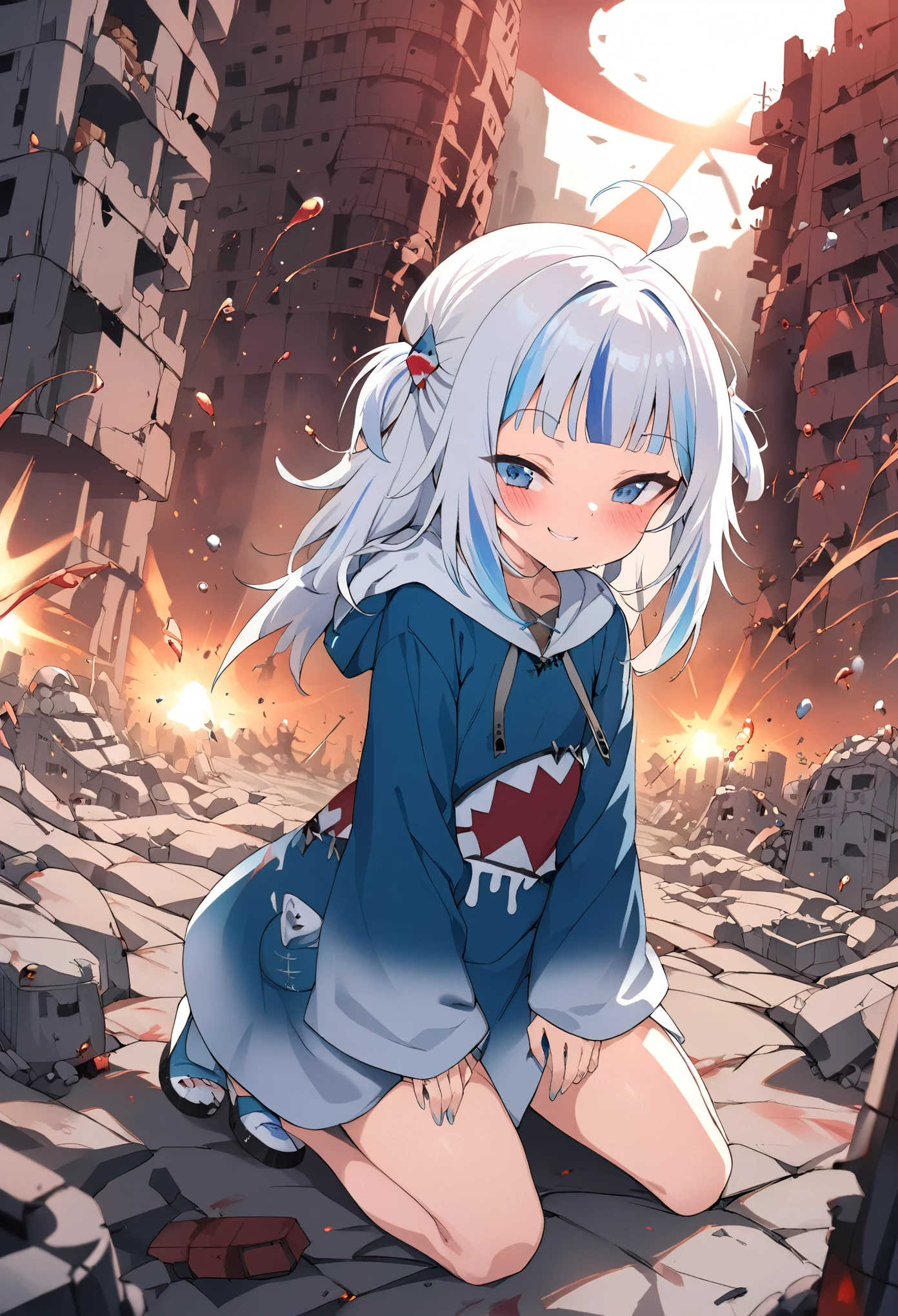 ((Gawr gura)), ((Masterpiece)), ((best quality)), (Anime:1.3), (super detail:1.2),(High Definition:1.3), (Professional Photography:1.2), (cinematic lighting), (flat body), (flat chest), (looking at another), ahoge, messy hair, (blush), (very naughty smile), (ultra detailed), (Kneeling), 1girl, blue hoodie, full body, ((on the collapsed city of the apocalypse)), (surrounded by colorful splashes), colorful bubble, shining, (sharp focus), (perfect light),